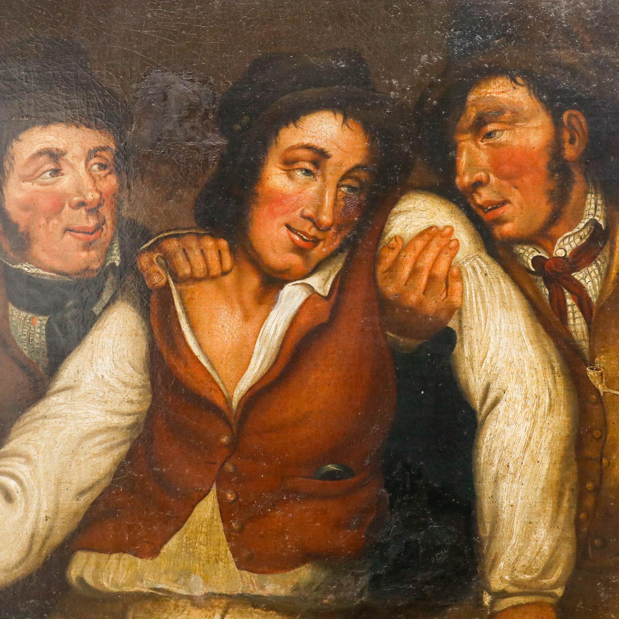 A lively eighteenth-century genre scene, in which two men support their companion, who stumbles back against them in intoxicated revelry. Presented in a vintage gilt-effect frame. Unsigned. On canvas on stretchers.