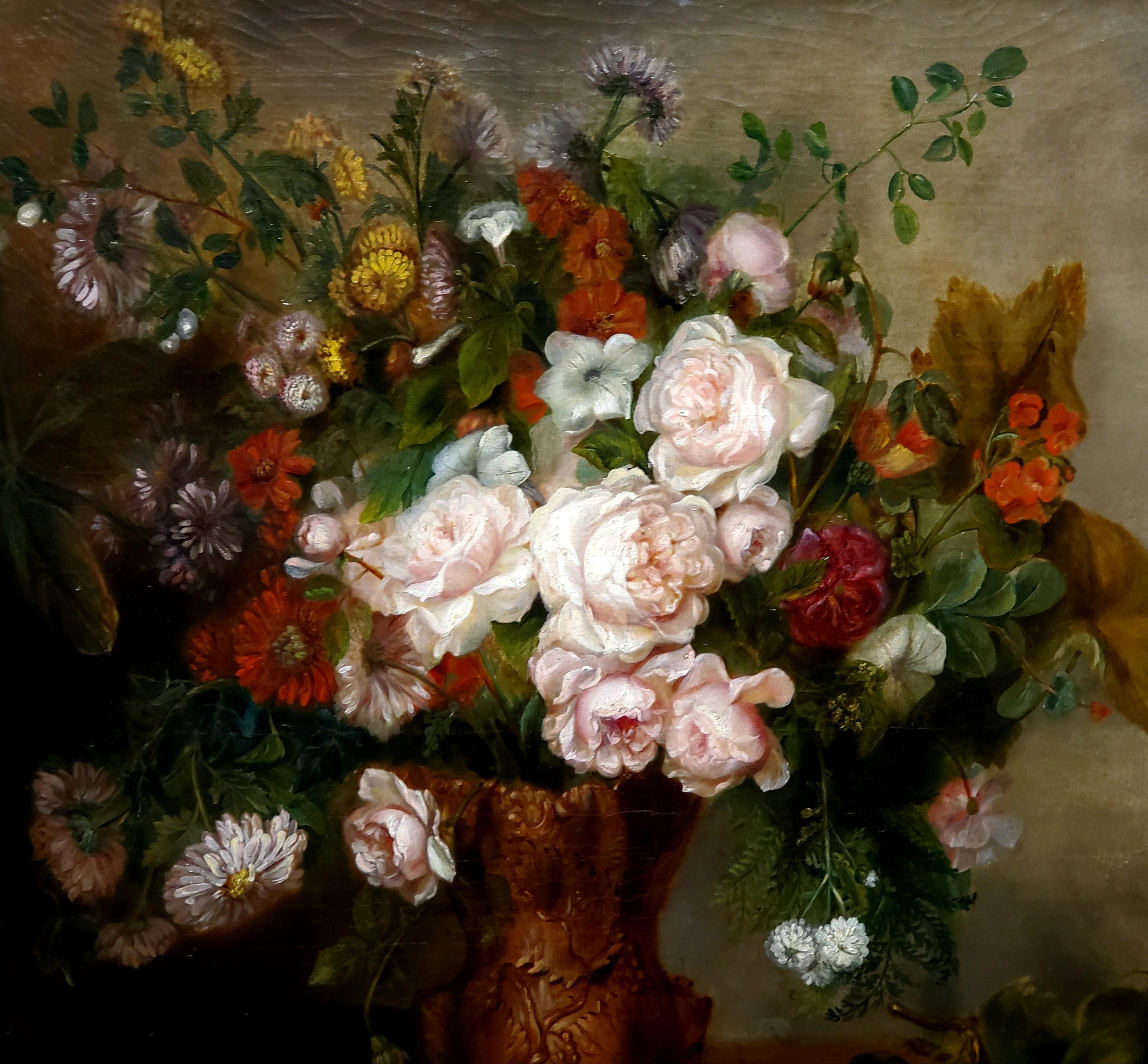 Natura morta floreale di scuola fiamminga in cornice originale CIRCA 1815 - Still-Life Painting Marrone di Unknown