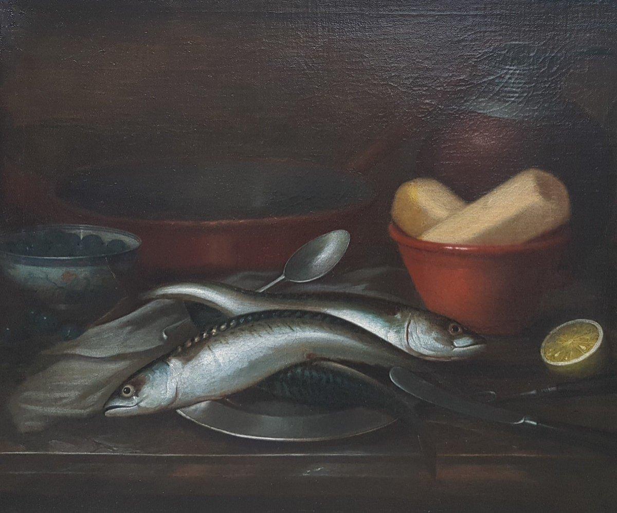 Painting Flemish school 17th century Oil canvas Still life fishes blueberries - Black Still-Life Painting by Unknown