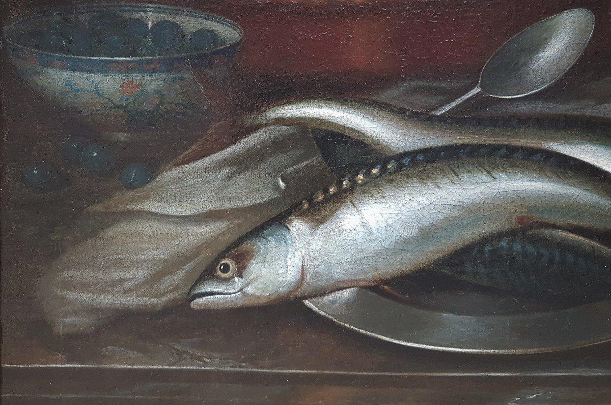 Gemälde der flämischen Schule des 17. Jahrhunderts, Ölgemälde, Stillleben, Fische und Beeren (Schwarz), Still-Life Painting, von Unknown