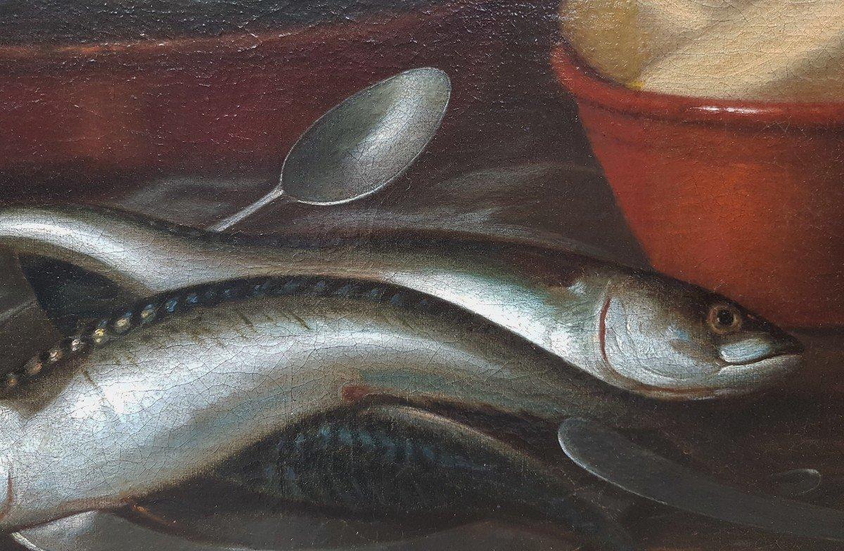 Gemälde der flämischen Schule des 17. Jahrhunderts, Ölgemälde, Stillleben, Fische und Beeren im Angebot 1