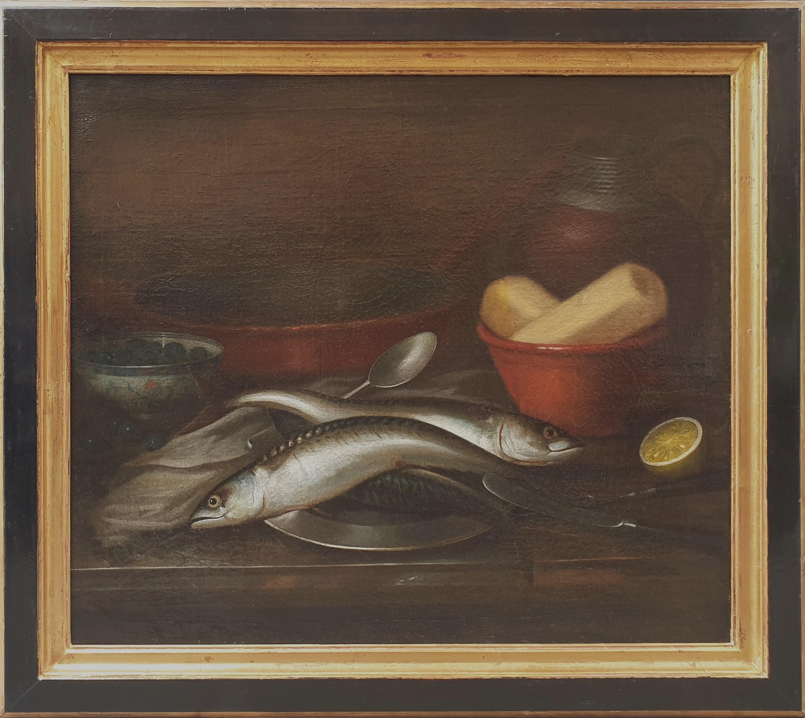 Unknown Still-Life Painting – Gemälde der flämischen Schule des 17. Jahrhunderts, Ölgemälde, Stillleben, Fische und Beeren