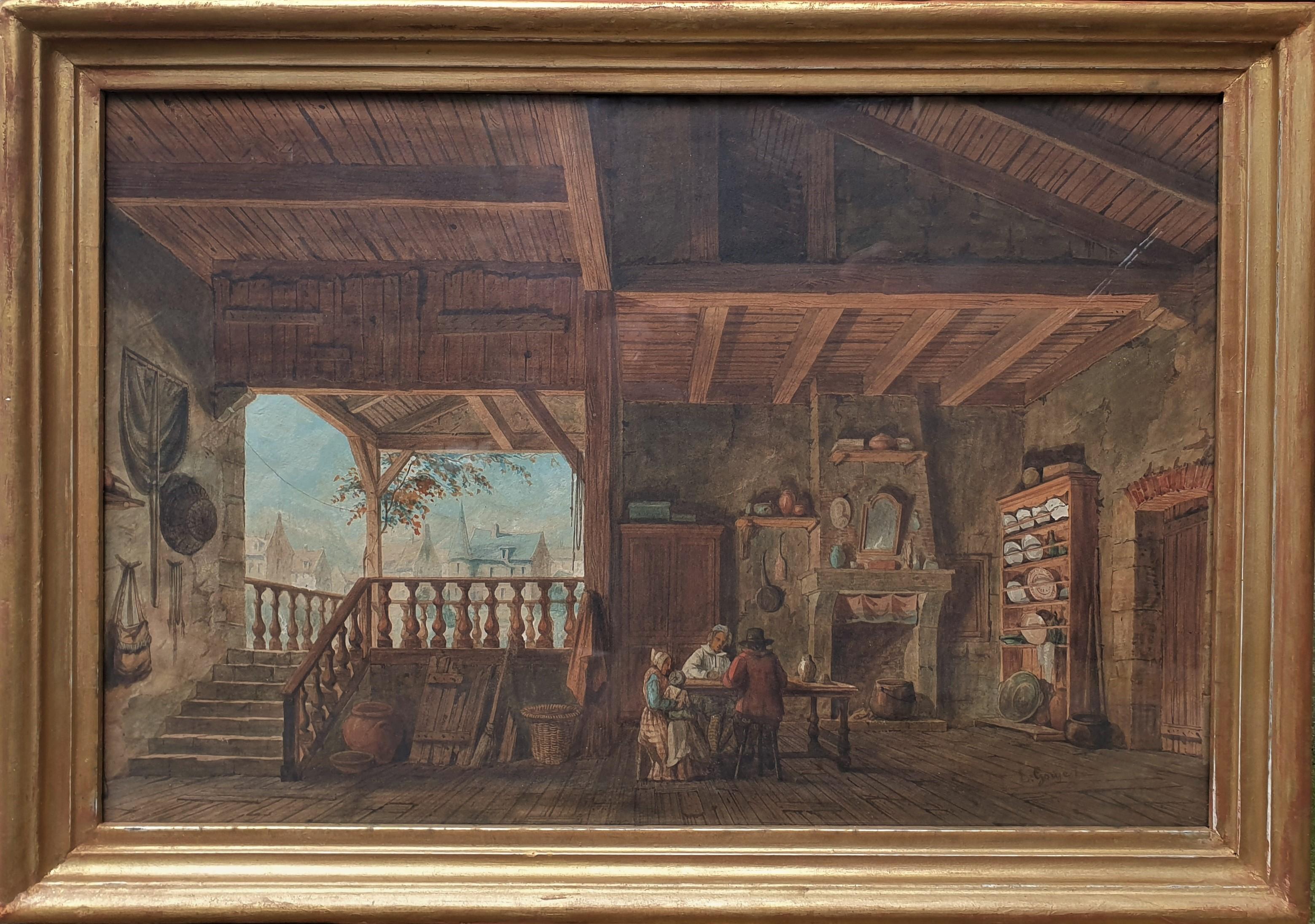 Unknown Interior Painting - Watercolor signed GOUZE Flemish school 19th Interior of a fisherman's house