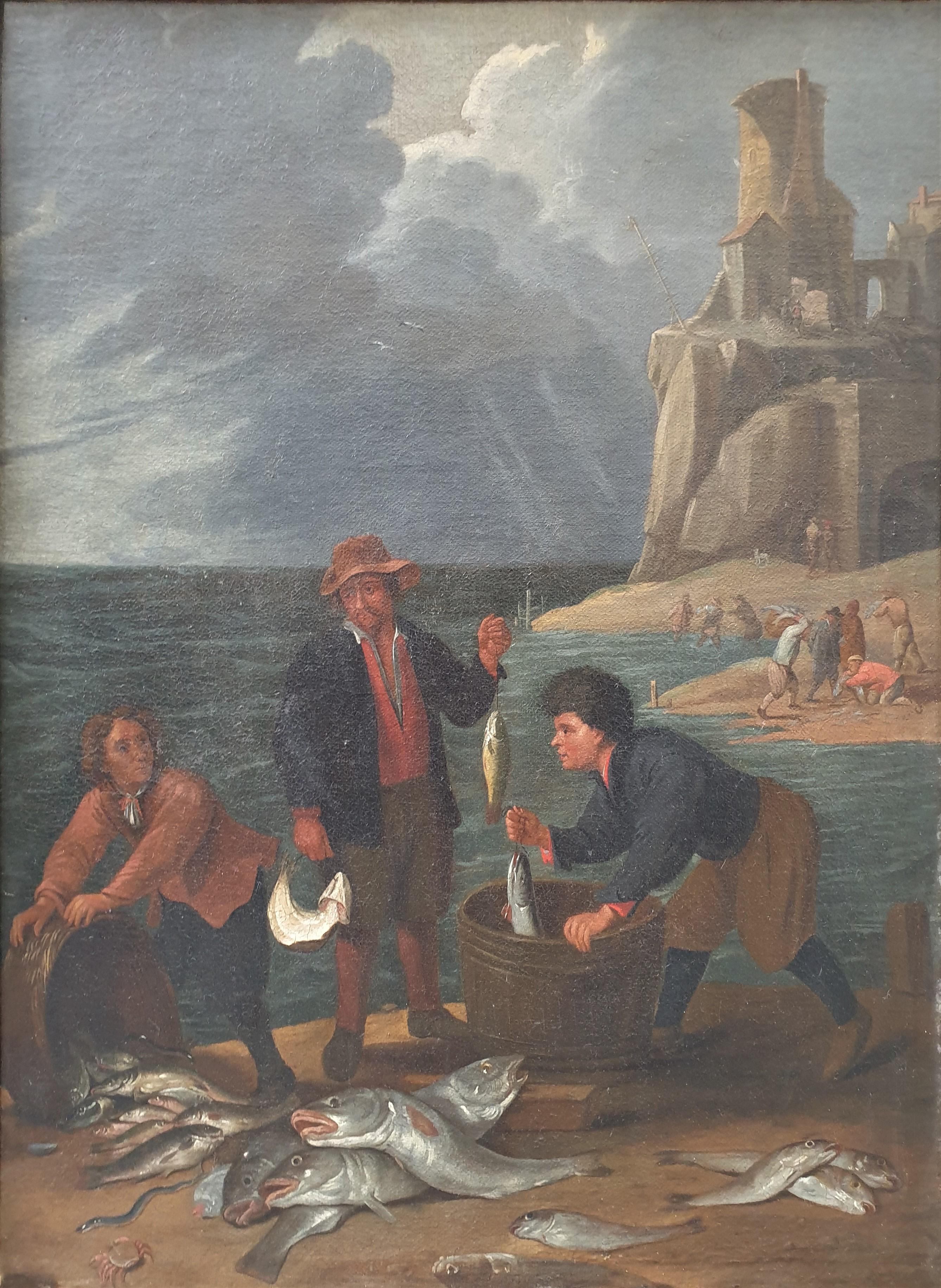 Flemish school 18th After TENIERS Landscape marine Old copy Return of fishermen - Painting by Unknown