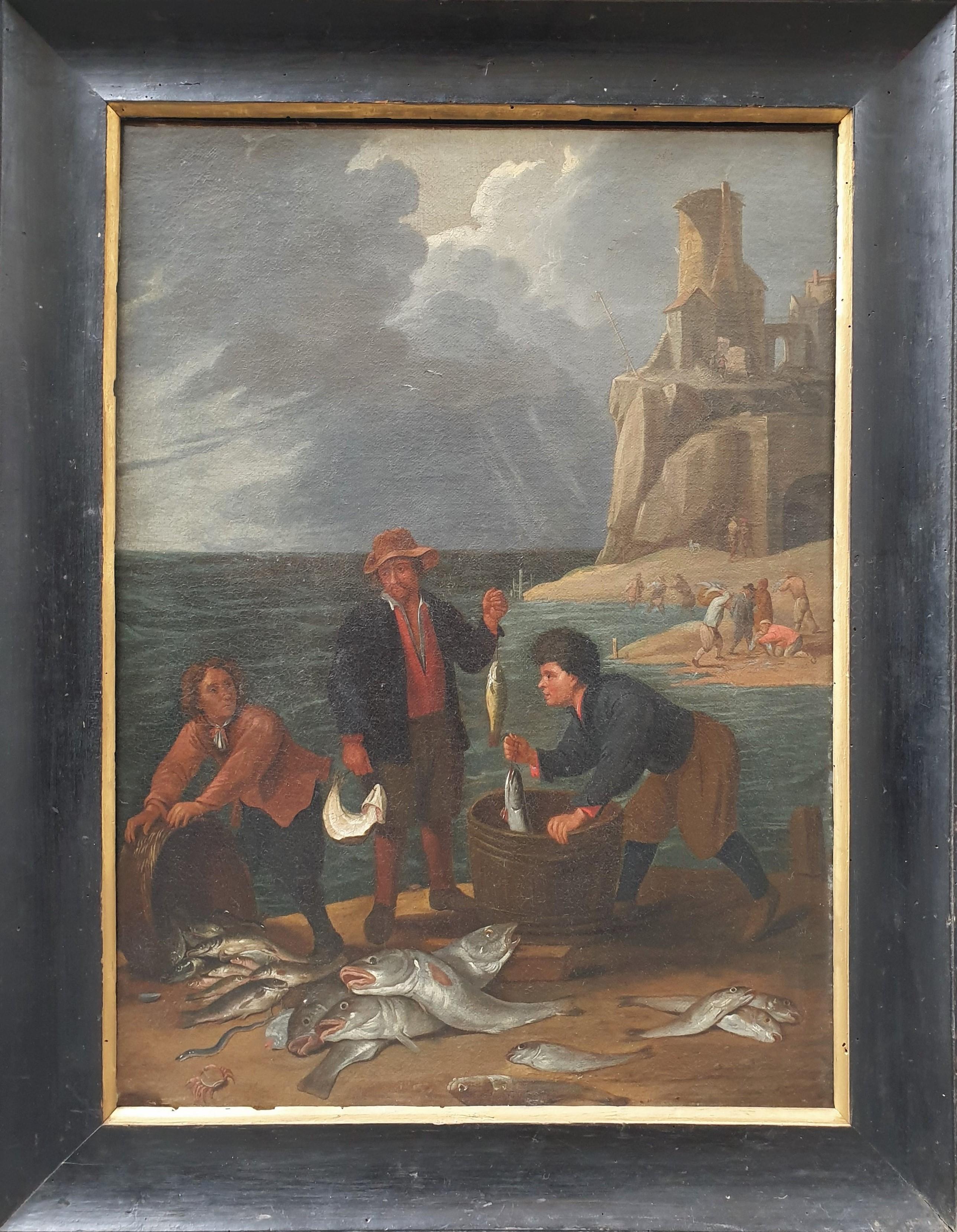 Unknown Landscape Painting - Flemish school 18th After TENIERS Landscape marine Old copy Return of fishermen