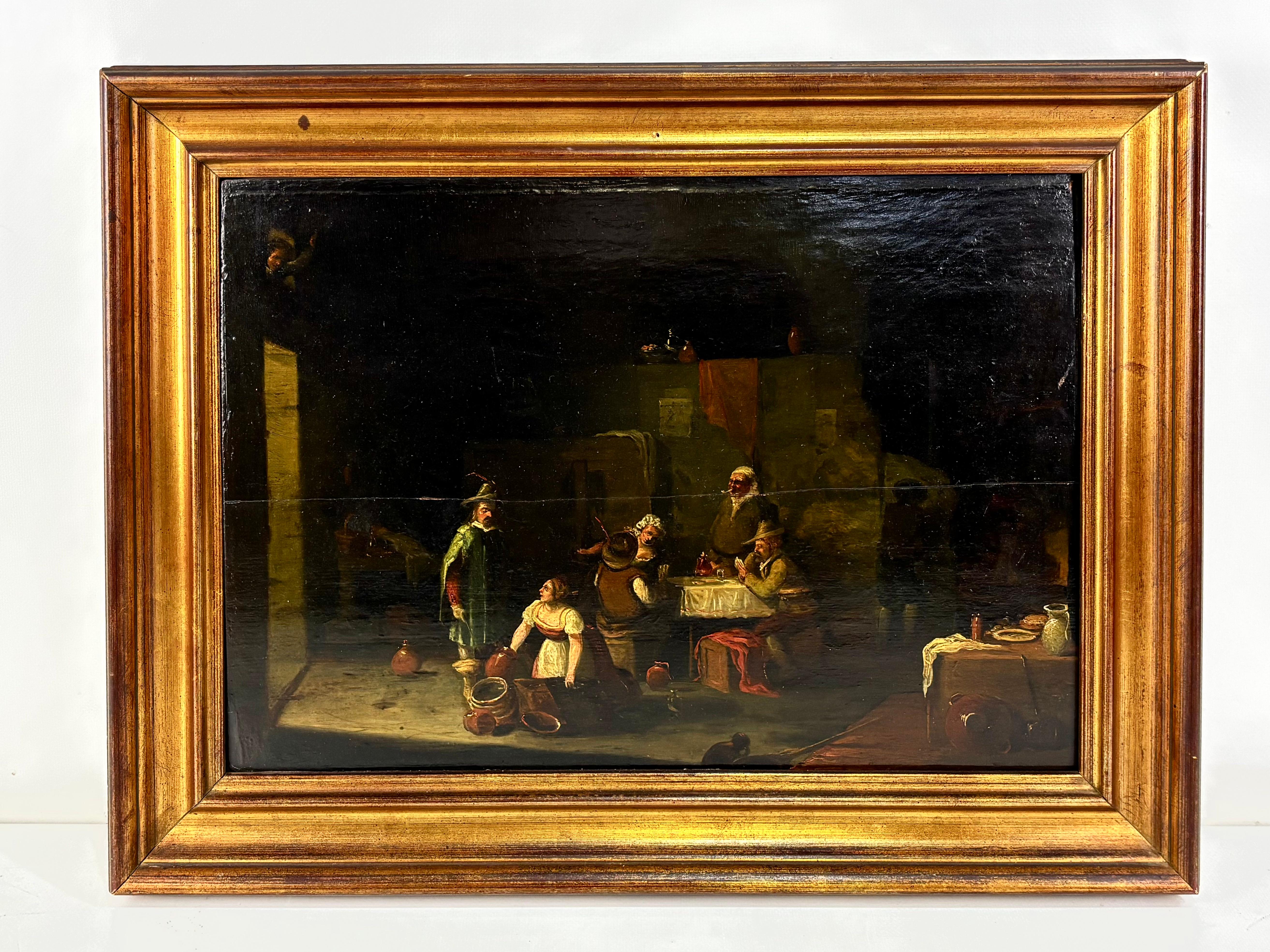 Flemish School, Oil on Panel – Interior Scene with Figures - Painting by Unknown