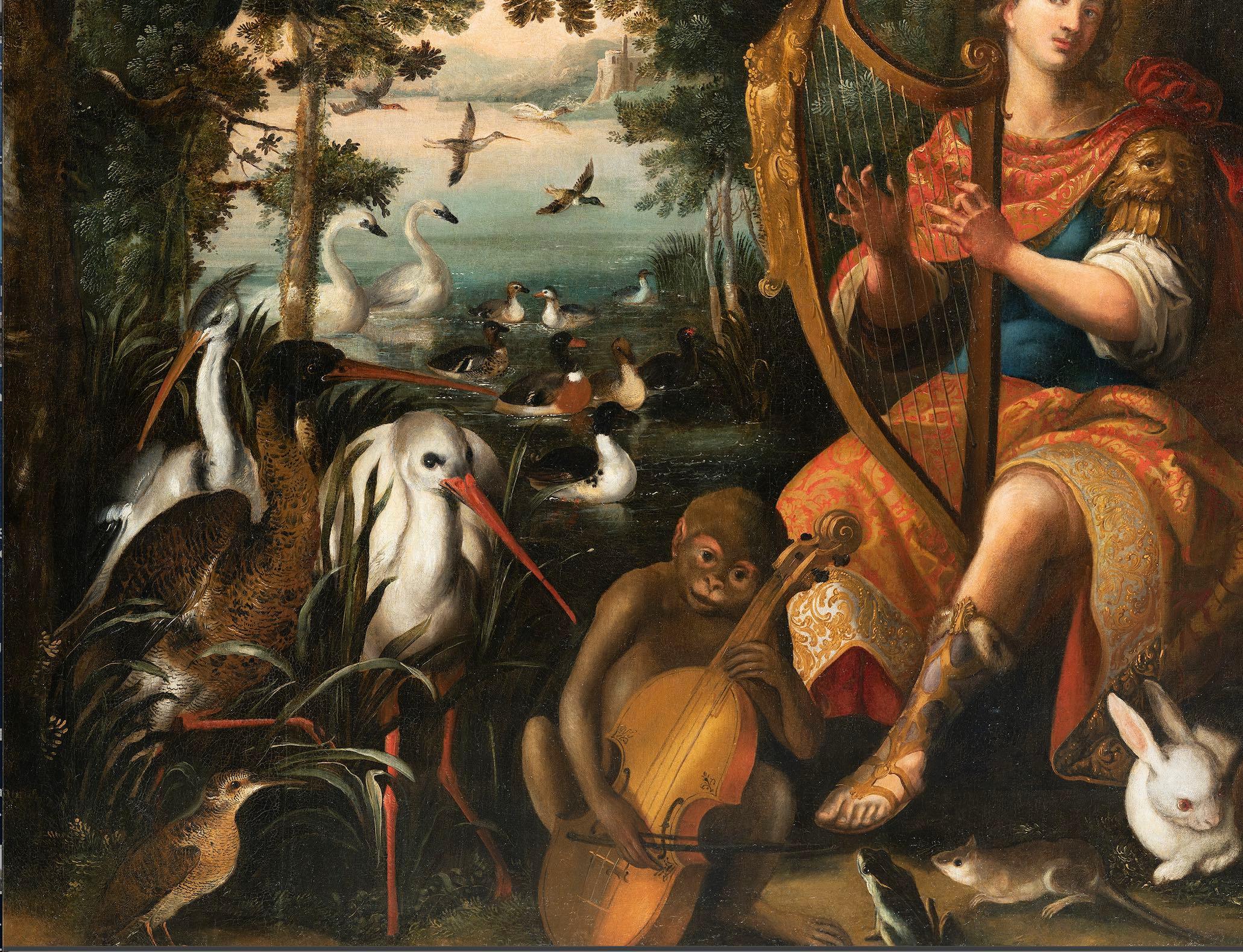 Flemish school, 17th century
Orpheus and the animals
Oil on canvas, 146,5 x 217 cm
Provenance: South German private collection.

On an impressive, room-filling format, this painting depicts 