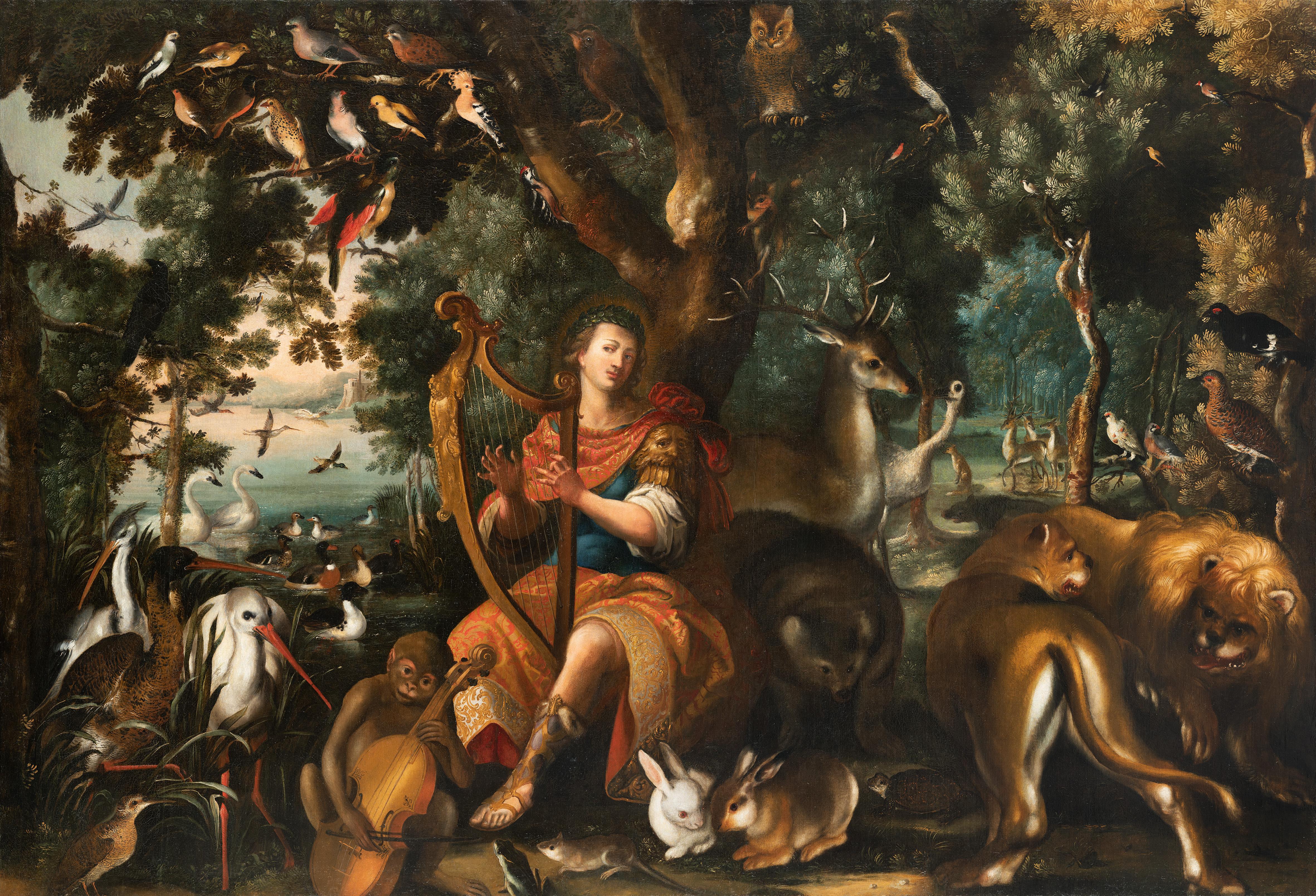 Unknown Animal Painting – Flemish 17., Orpheus und Tiere, große dekorative Wand Gemälde Alter Meister