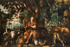 Retro Flemish 17th, Orpheus and Animals, Large Decorative Wall Old Master Painting