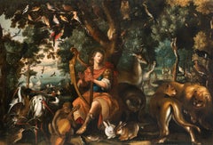 Antique Flemish 17th, Orpheus and Animals, Large Decorative Wall Old Master Painting