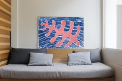 Floating Leaves on Grid Pool, Beach House Art, Contemporary Pastel Pink Shape
