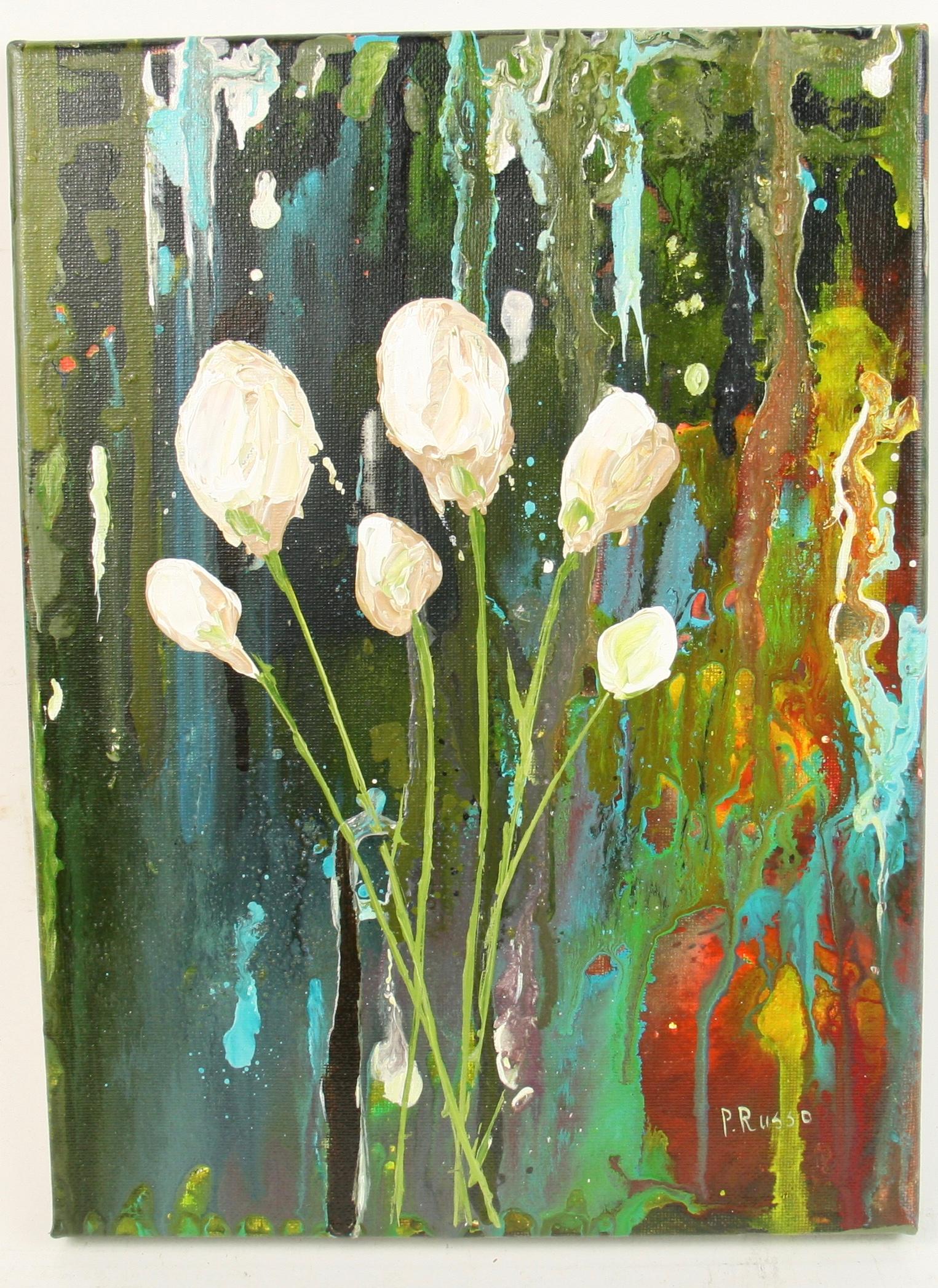 #5-3152 White Tulip abstract ,a contemporary acrylic on canvas signed  lower right by P.Russo 
Raped painted on edge canvas