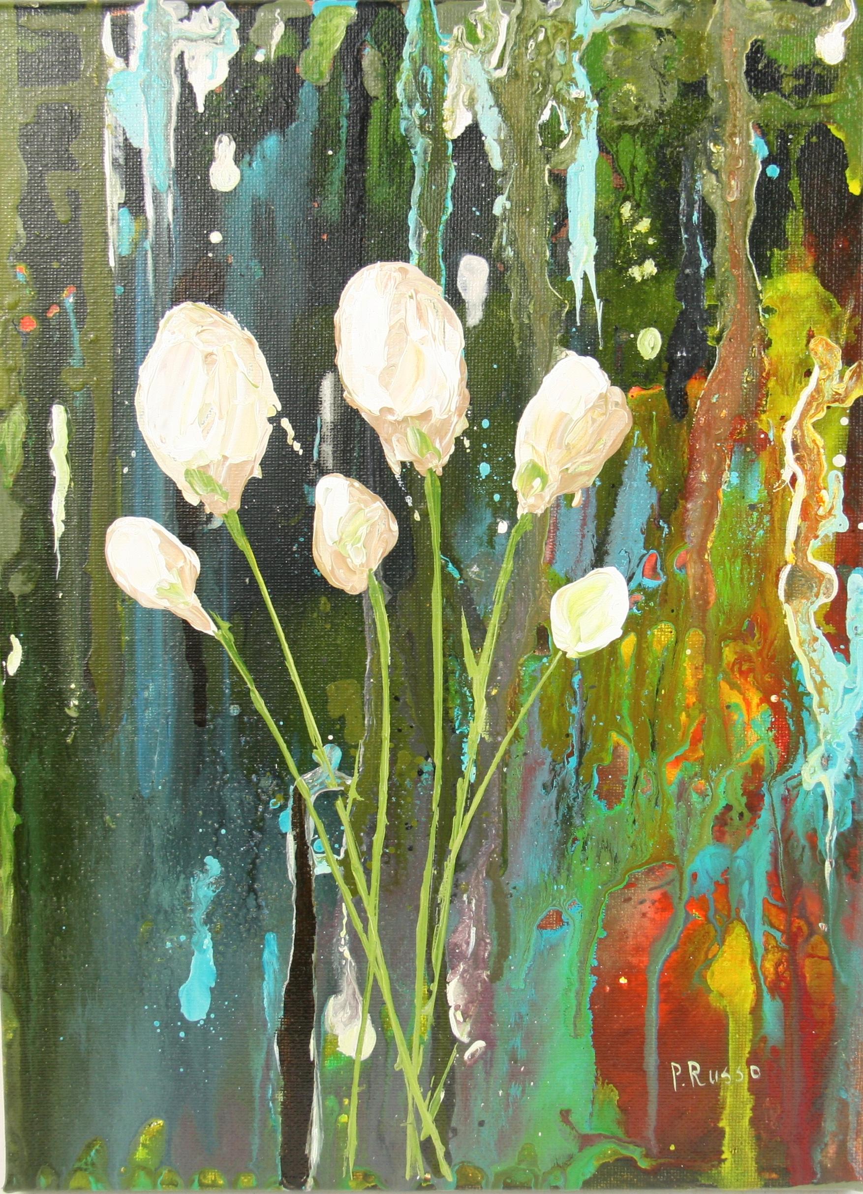 Unknown Abstract Painting - Floral Acrylic Painting White Tulips Abstract by Patrizia Russo
