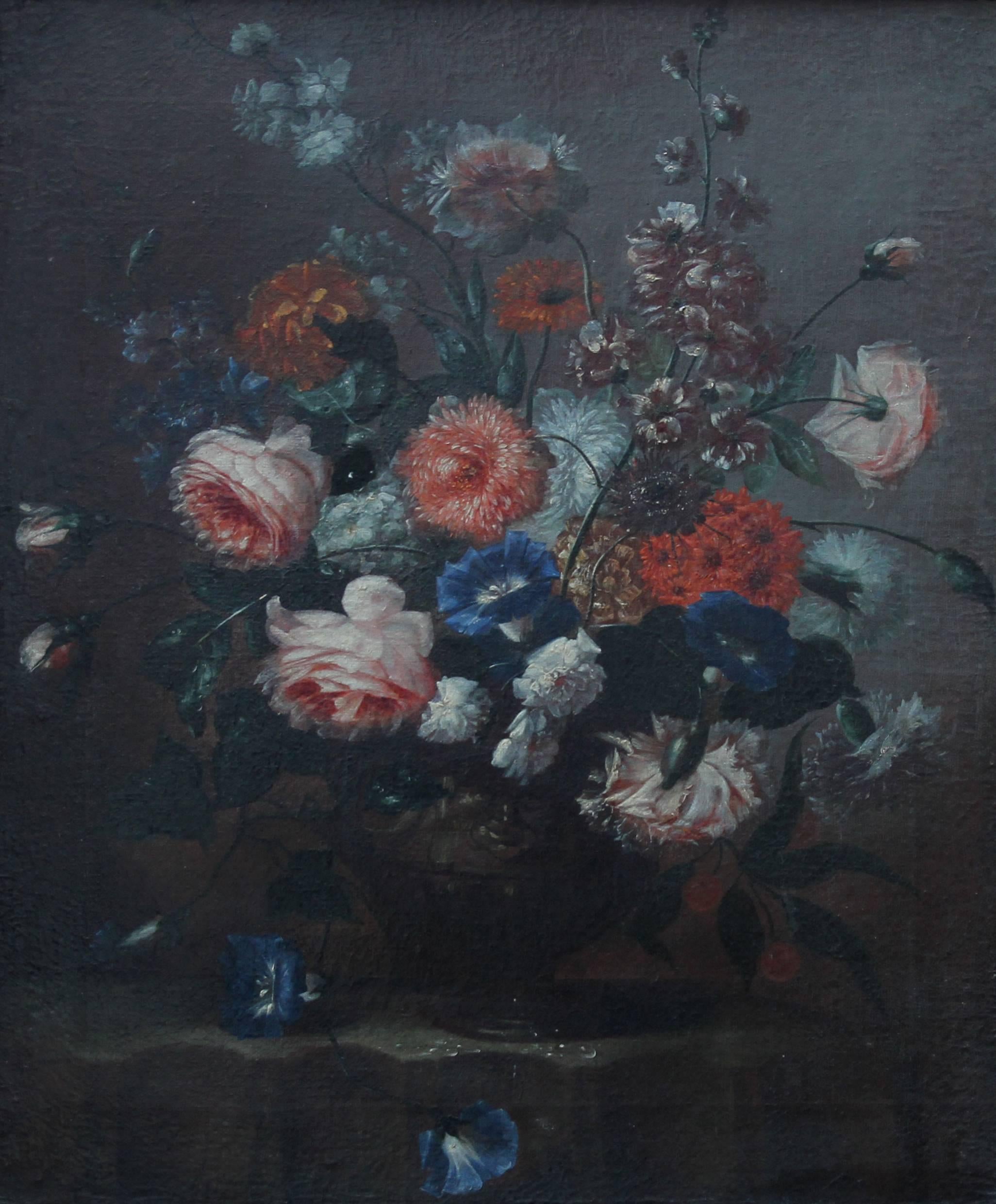 Floral Arrangement - Dutch Old Master art oil painting flowers rose rococo frame - Painting by Unknown