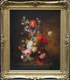 Floral Arrangement - Old Master 19thC British oil painting still life flowers