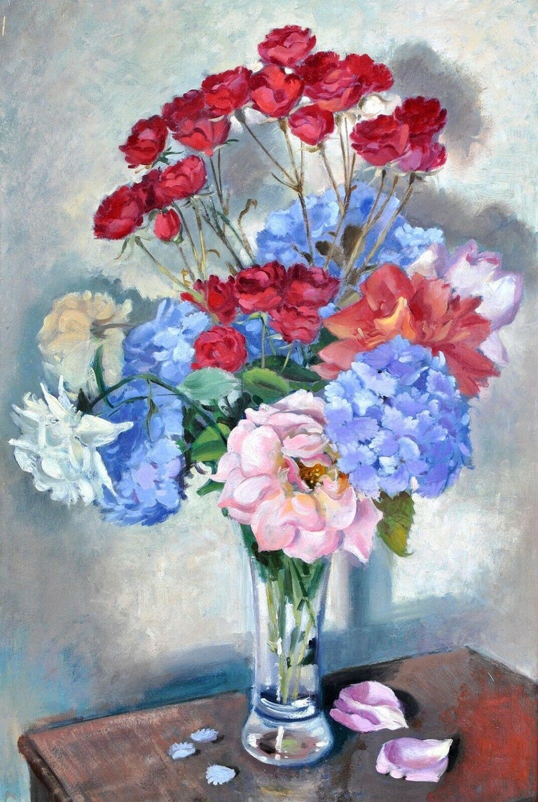 Floral Still Life - 1920's Oil on Panel Antique Flowers in a Vase Painting - Gray Still-Life Painting by Unknown