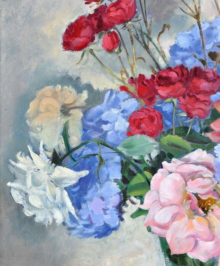 Floral Still Life - 1920's Oil on Panel Antique Flowers in a Vase Painting For Sale 1