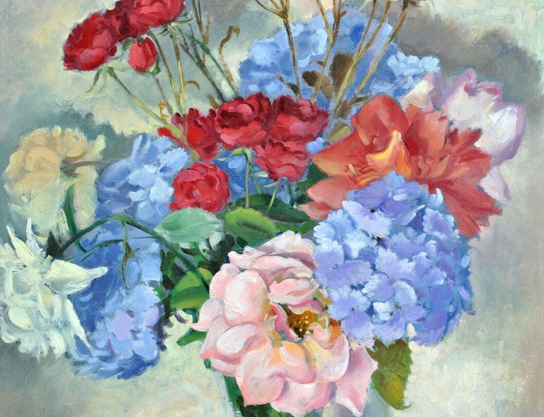 Floral Still Life - 1920's Oil on Panel Antique Flowers in a Vase Painting For Sale 2