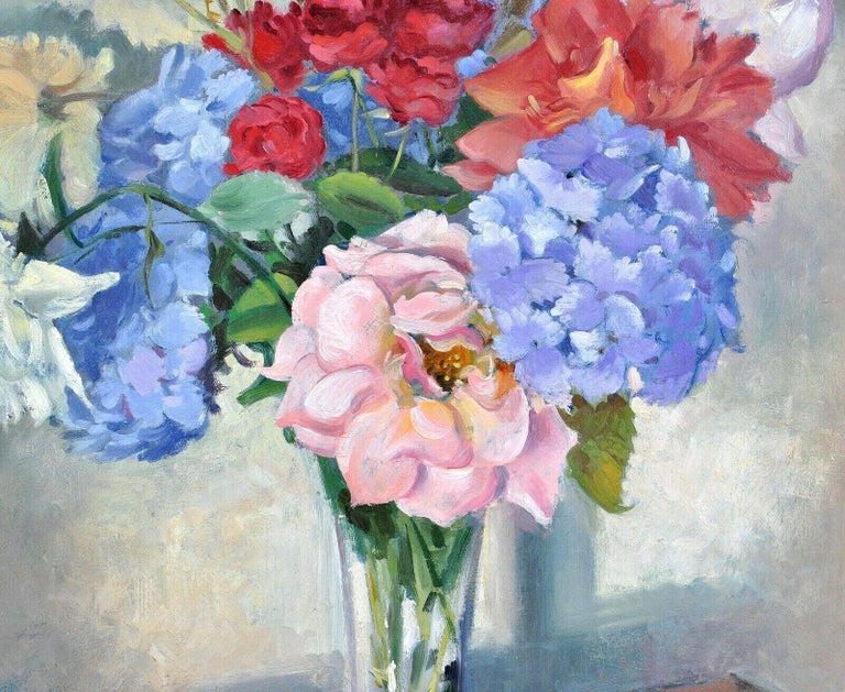 Floral Still Life - 1920's Oil on Panel Antique Flowers in a Vase Painting For Sale 3