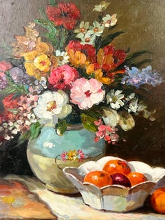 Floral Still Life, Flowers, Vase & Fruit Oil Painting in Silver Frame Signed