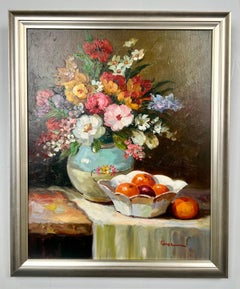 Floral Still Life, Flowers, Vase & Fruit Oil Painting in Silver Frame Signed