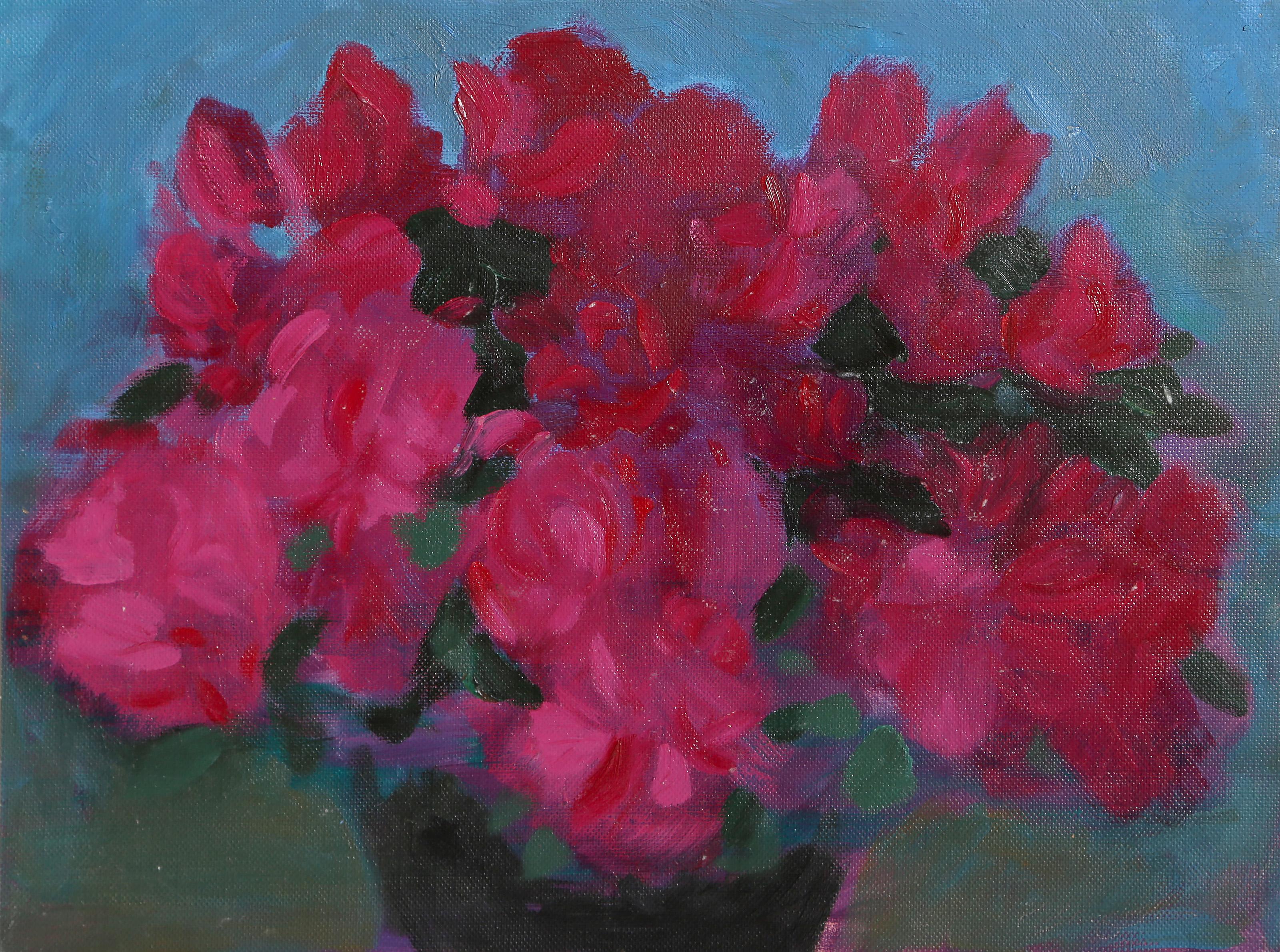 Blumenstillleben, modernes Acrylgemälde auf Leinwand von R Bagson