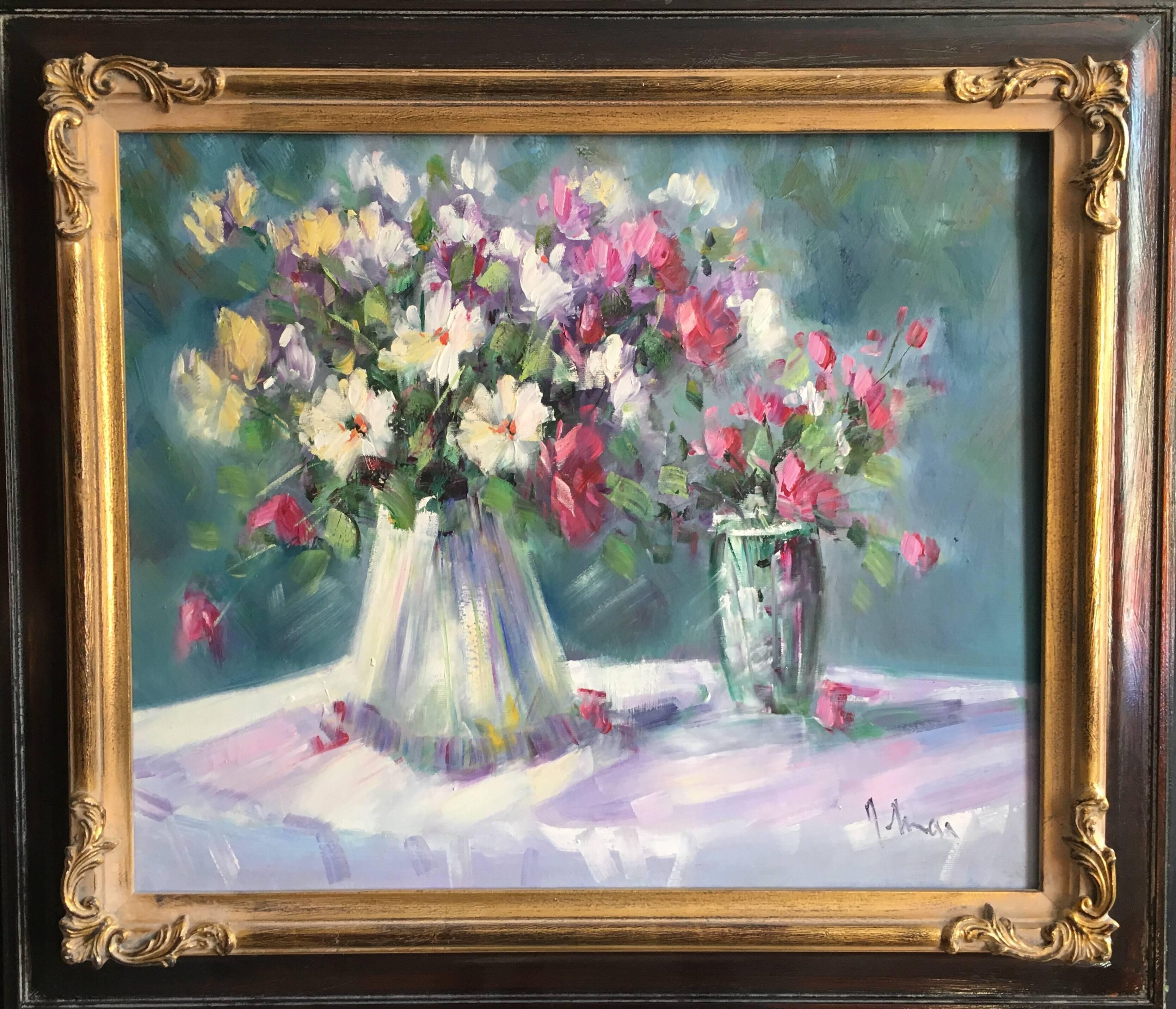Floral Still Life, Oil Painting, Signed - Gray Still-Life Painting by Unknown