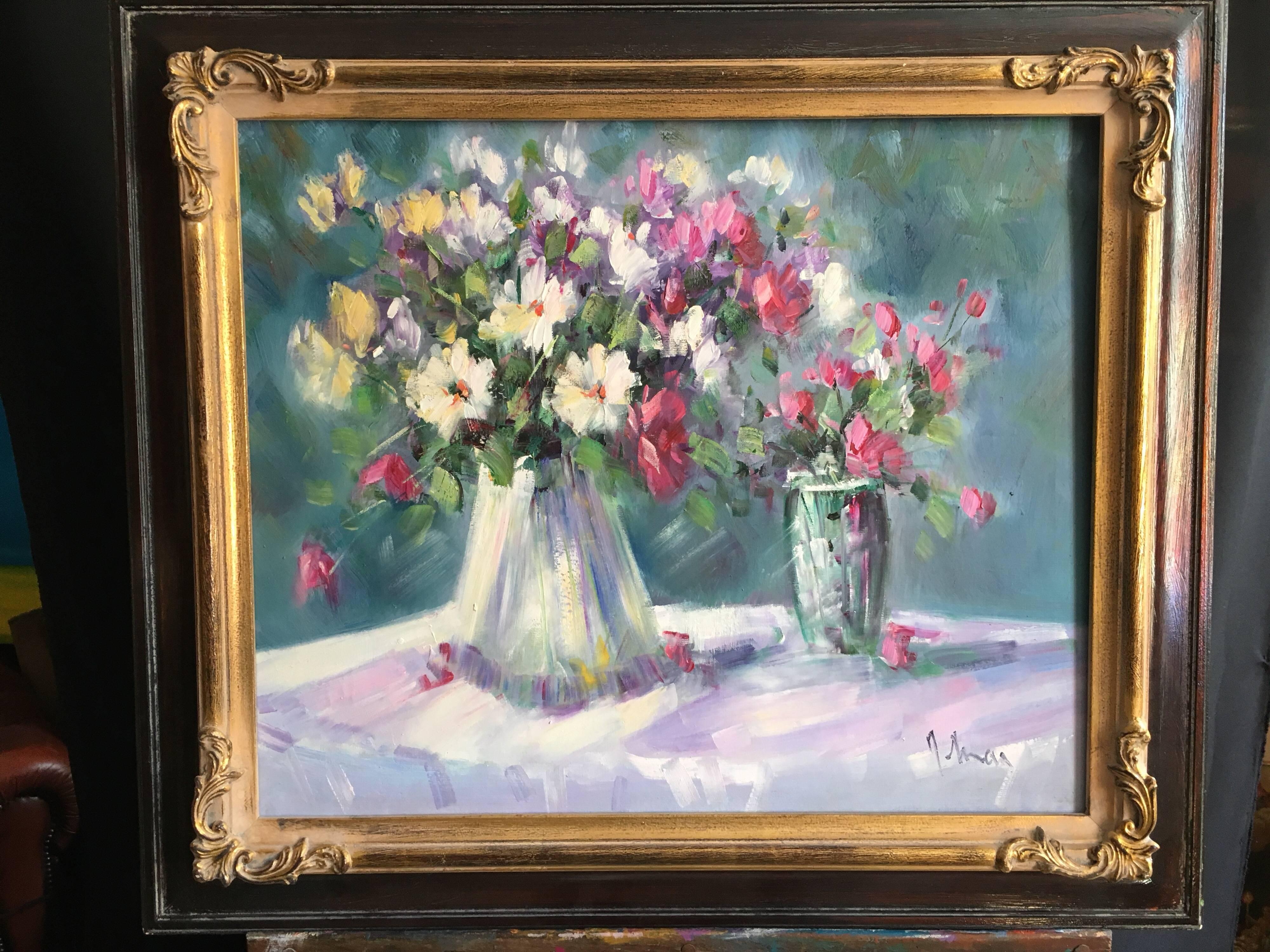Floral Still Life, Oil Painting, Signed
By German artist, 20th Century
Signed by the artist, although it is hard to decipher, on the right hand corner
Oil painting on canvas, framed
Frame size: 26 x 29.5 inches

Fresh and colourful oil painting of