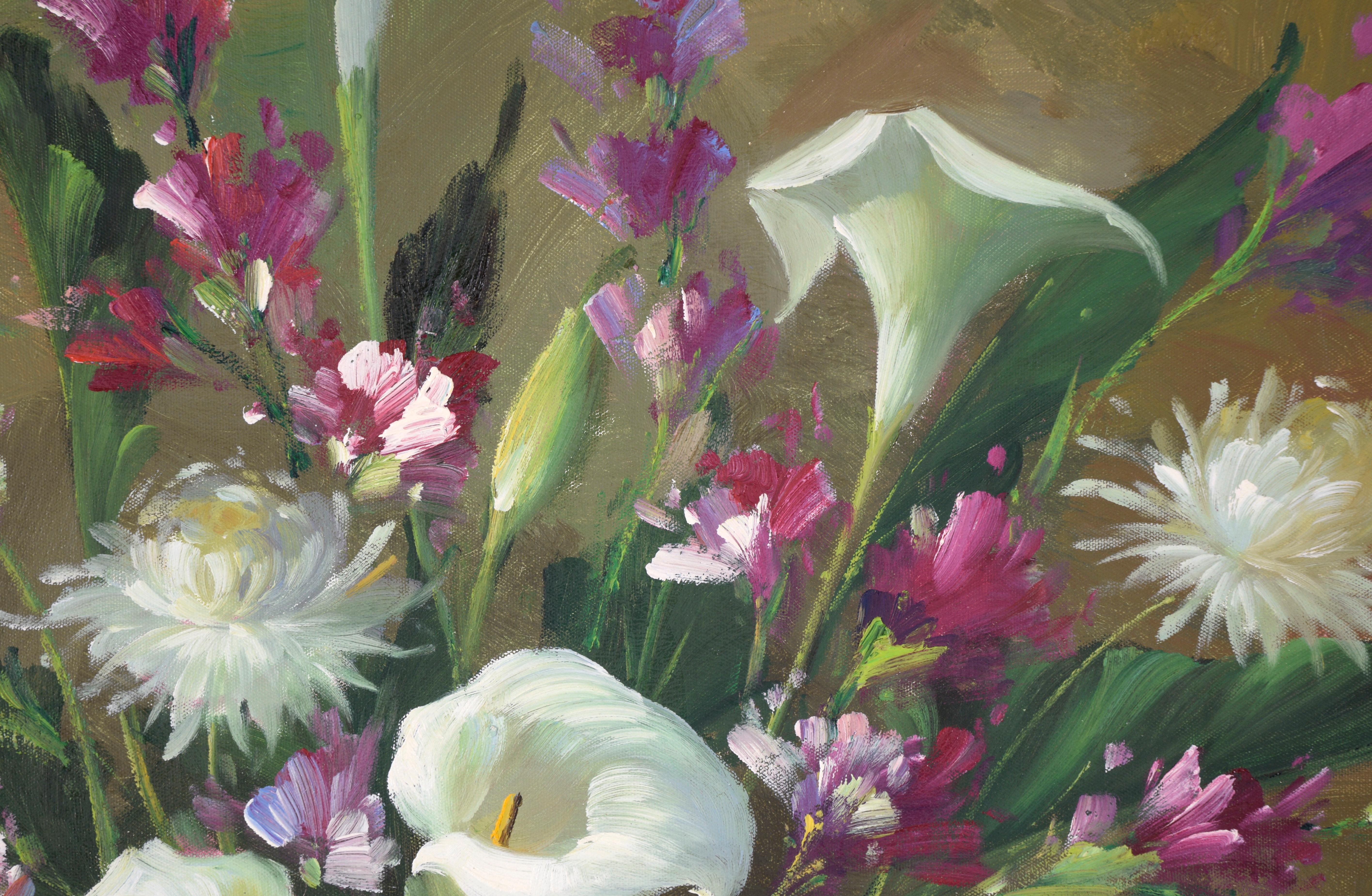 Bodegón floral con calas, dalias y fresias al óleo sobre lienzo - Painting Contemporáneo de Unknown