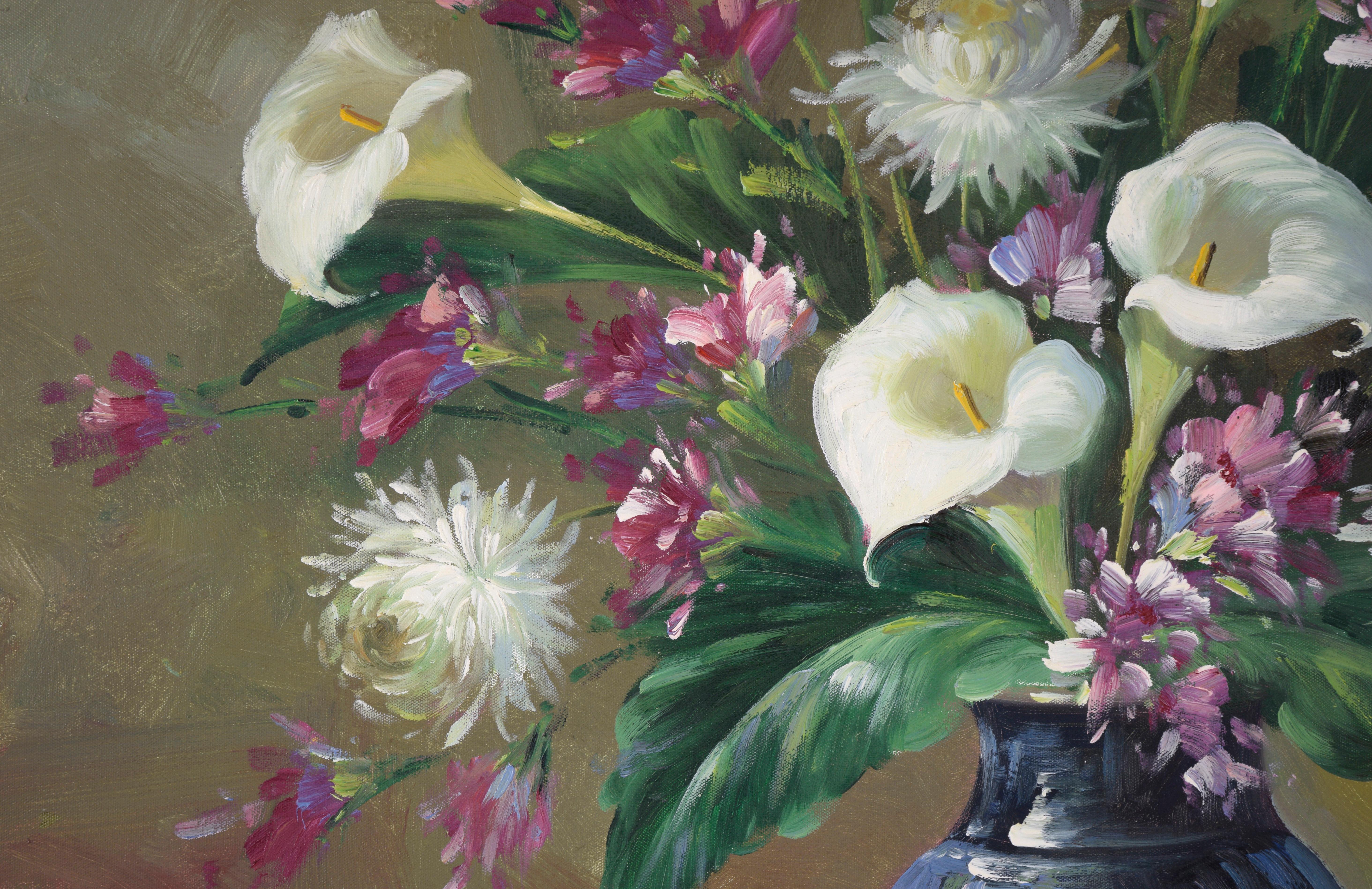 Bodegón floral con calas, dalias y fresias al óleo sobre lienzo - Still-Life Painting Marrón de Unknown