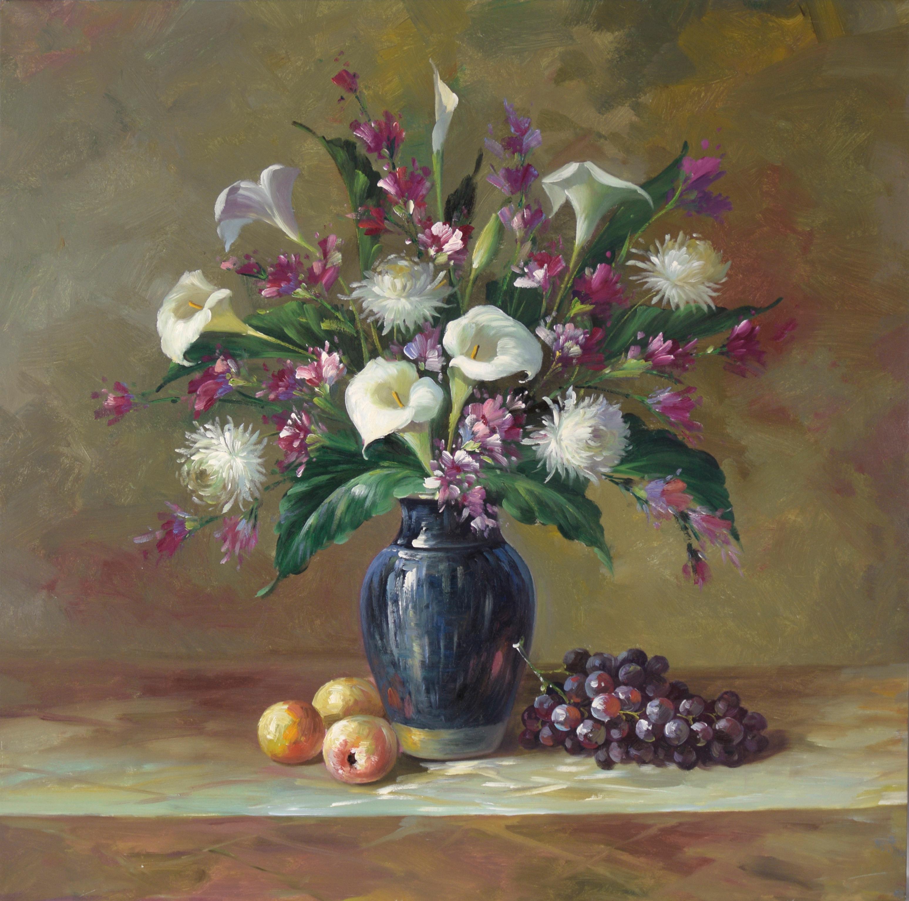 Still-Life Painting de Unknown - Bodegón floral con calas, dalias y fresias al óleo sobre lienzo