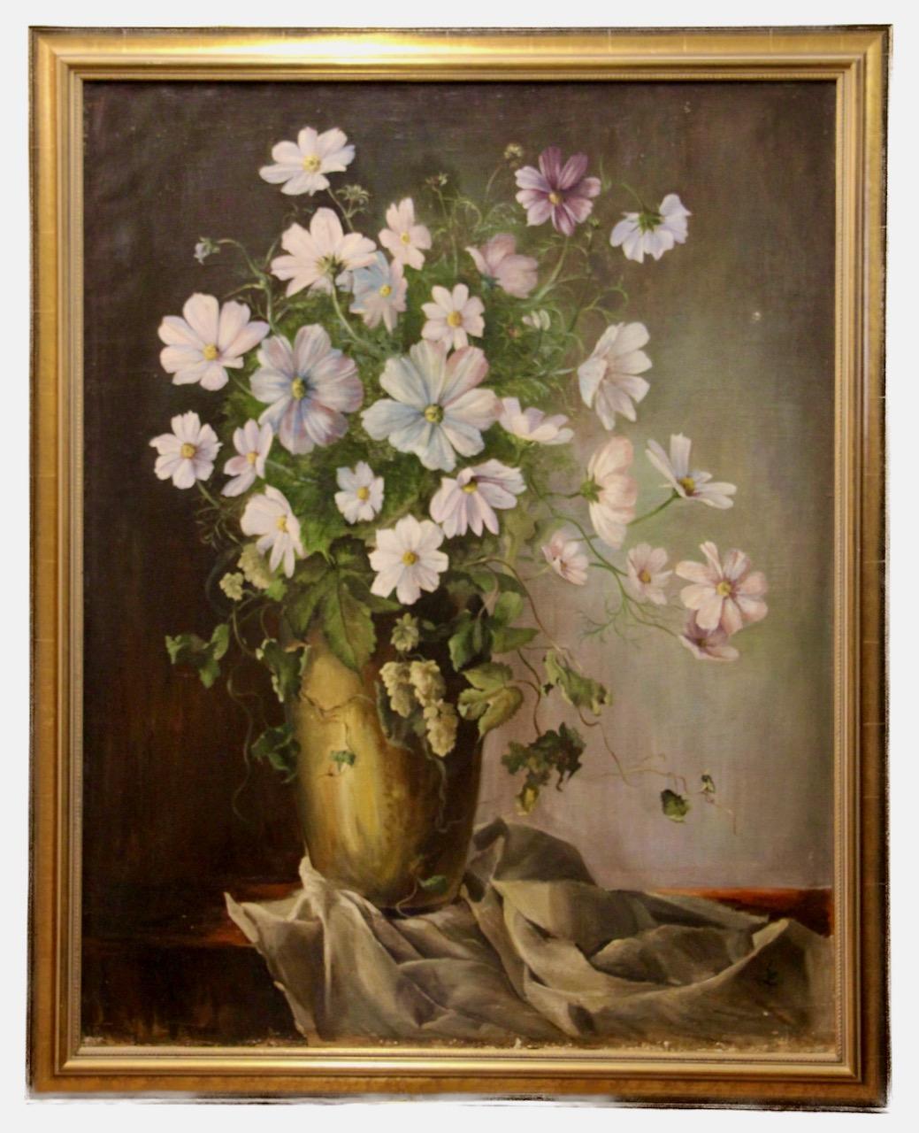 Erich Lindenau - Blumenstillleben mit Kosmosblüten, Öl auf Leinwand, 1947 (Realismus), Painting, von Unknown