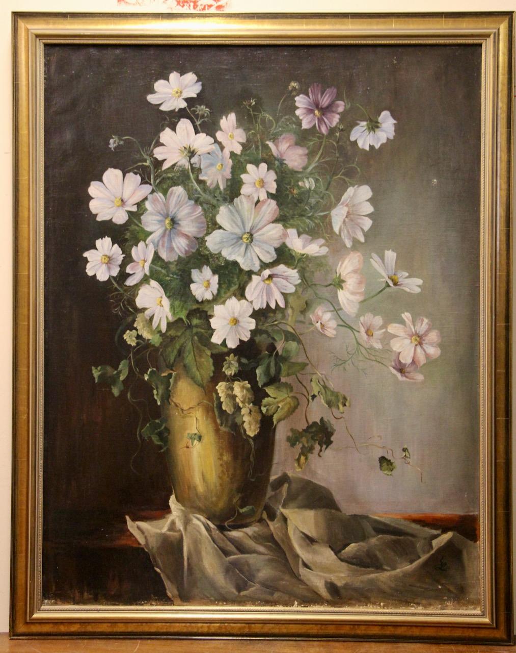 Erich Lindenau - Blumenstillleben mit Kosmosblüten, Öl auf Leinwand, 1947 (Braun), Still-Life Painting, von Unknown