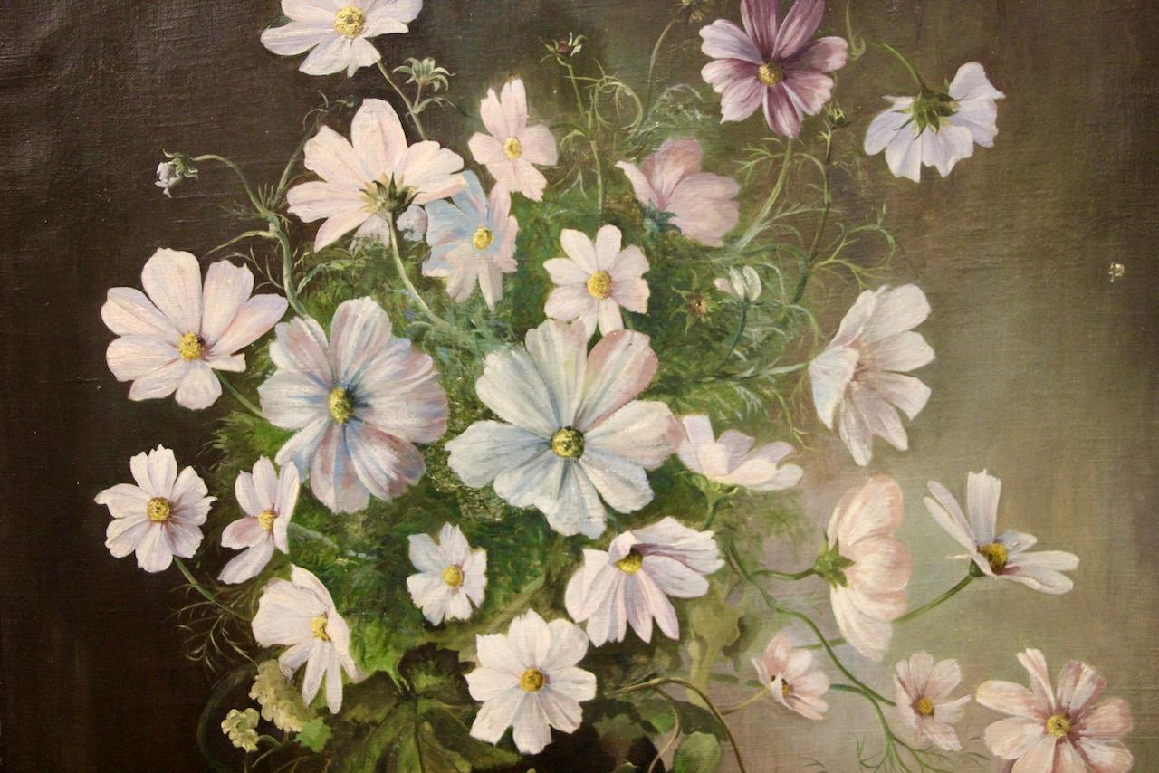 Erich Lindenau - Blumenstillleben mit Kosmosblüten, Öl auf Leinwand, 1947 im Angebot 1