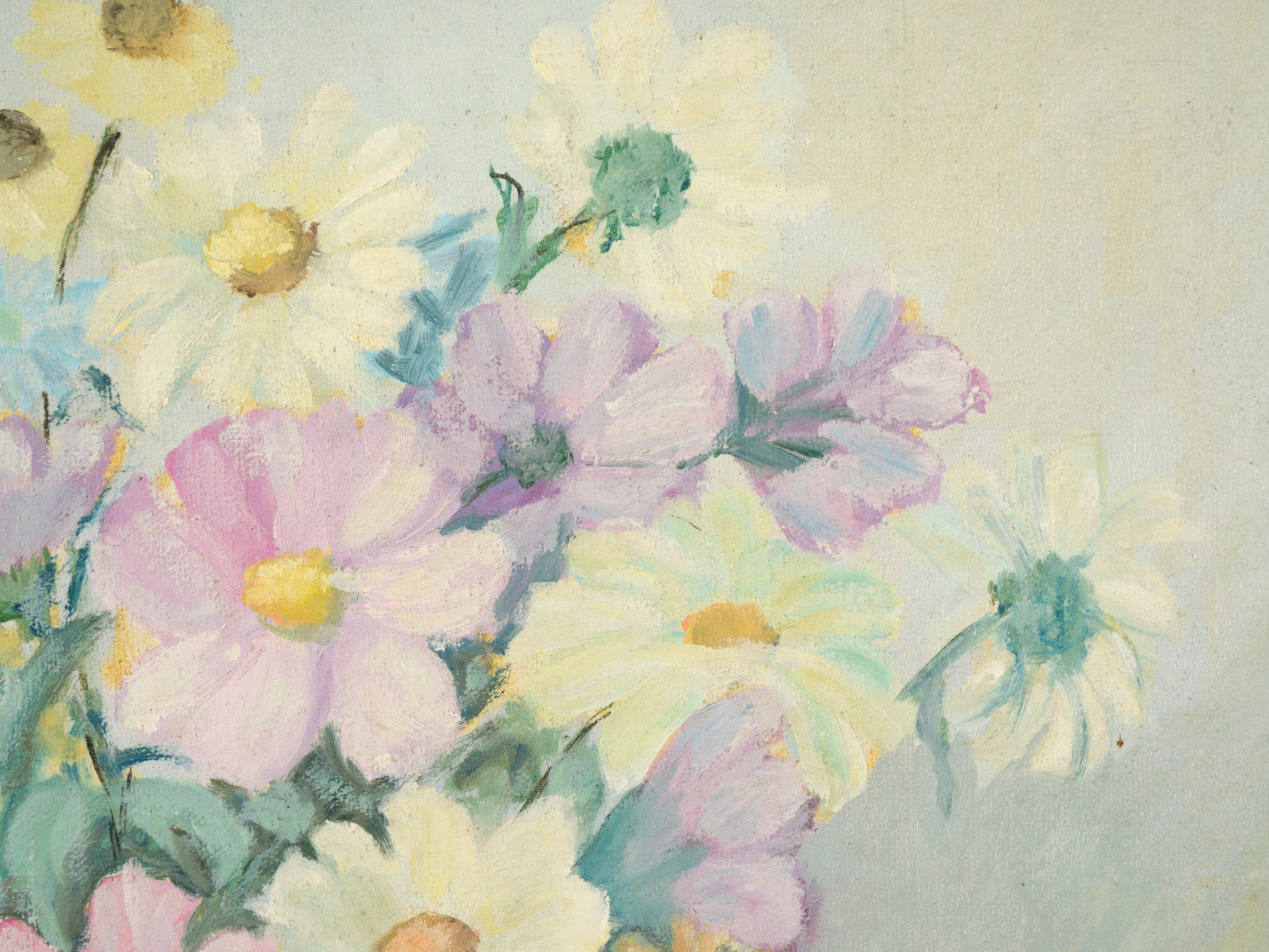 Blumenstillleben mit französischem Korb mit Äpfeln und Zinnkrug Impressionismus – Painting von Unknown