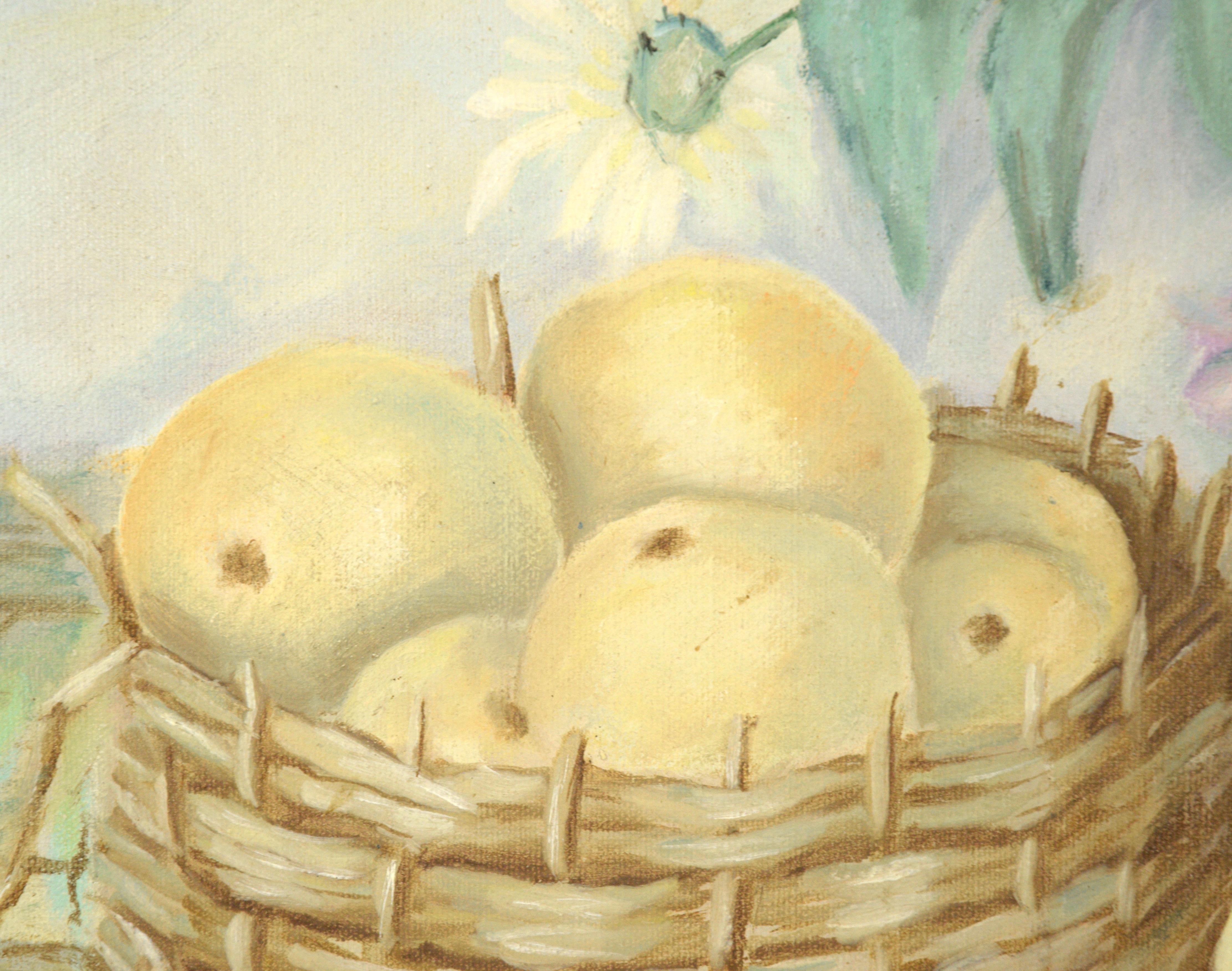 Blumenstillleben mit französischem Korb mit Äpfeln und Zinnkrug Impressionismus im Angebot 1