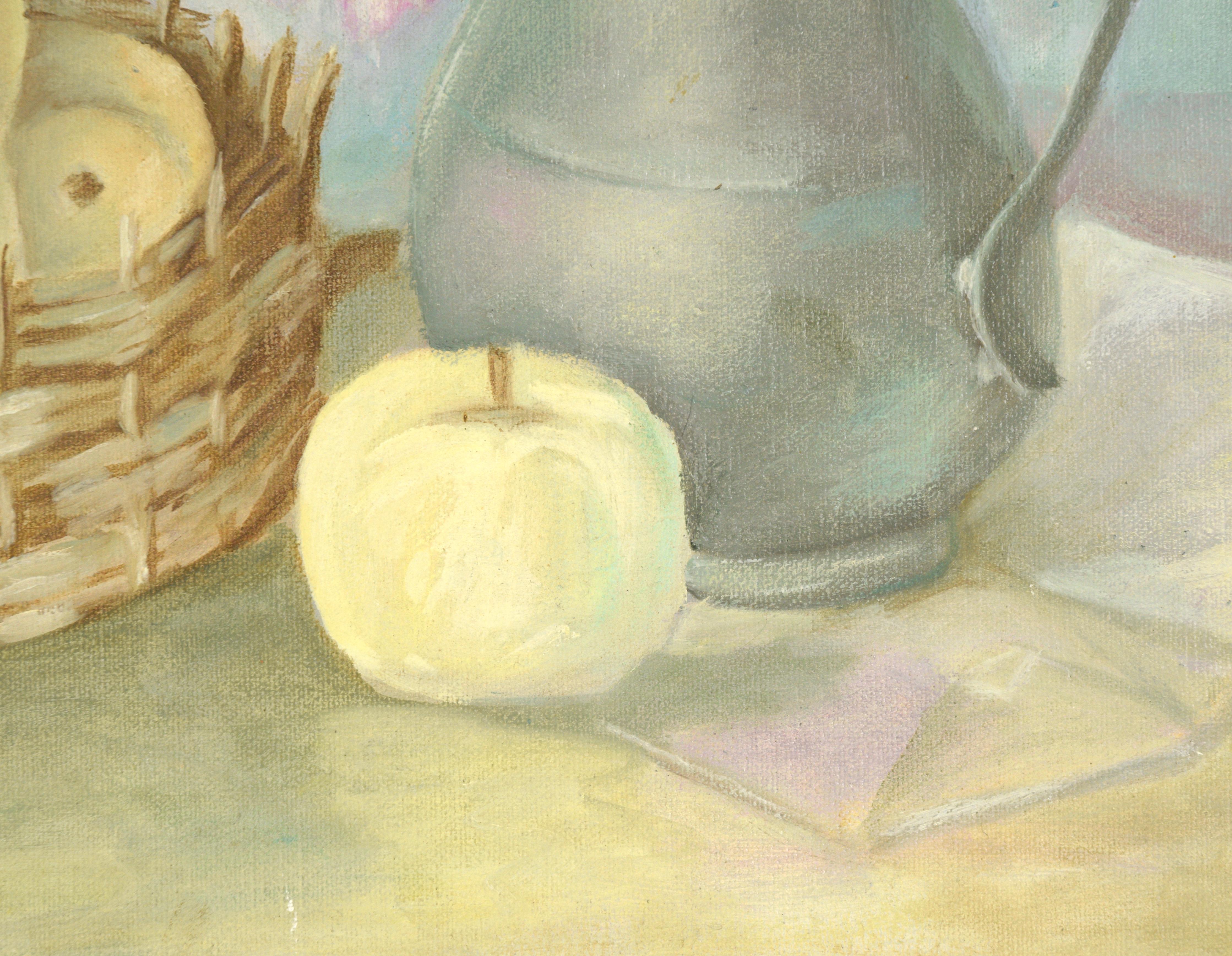 Floral Still Life with French Basket of Apples and Pewter Pitcher Impressionism - Impressionist Painting by Unknown