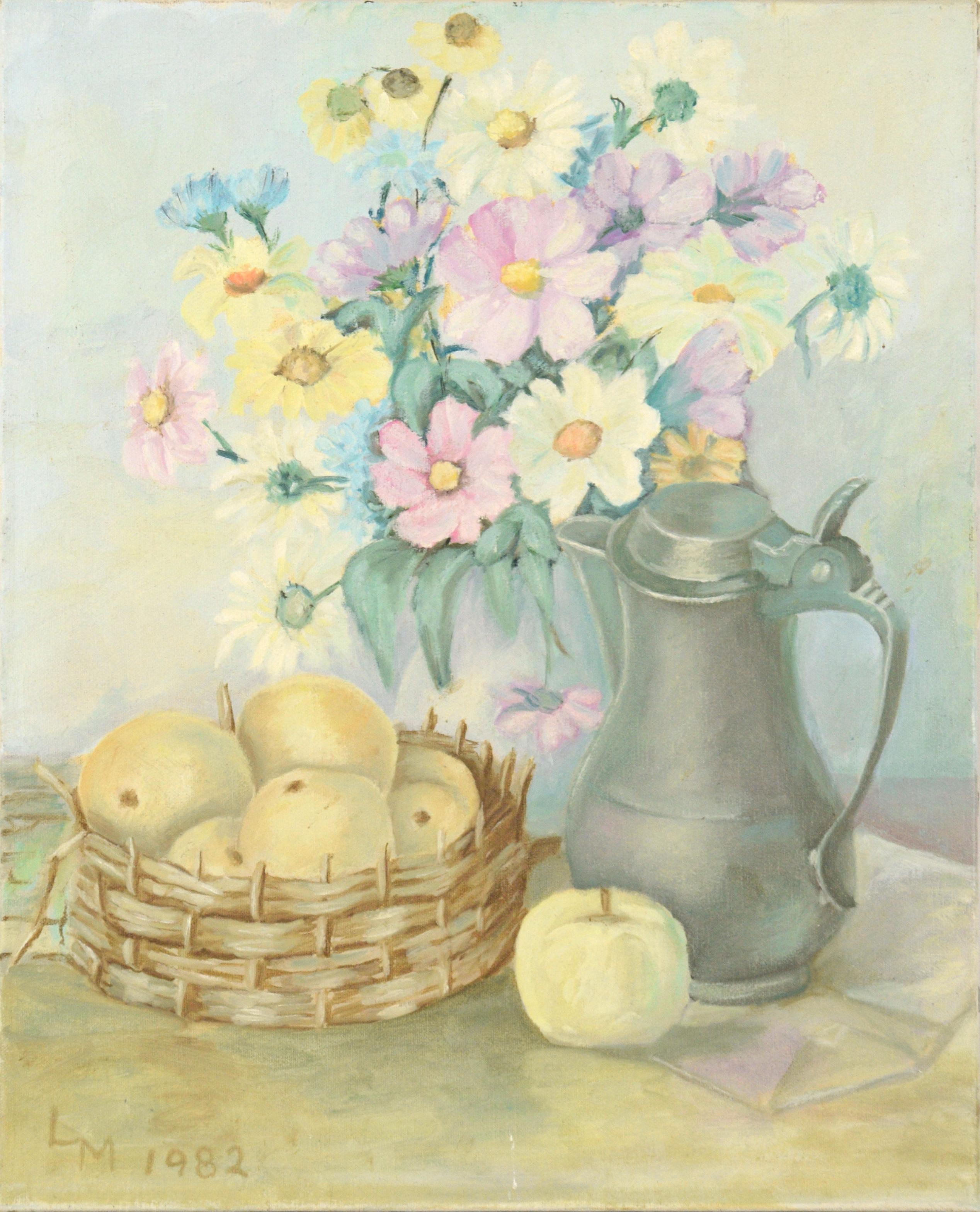 Still-Life Painting Unknown - Nature morte florale avec panier français de pommes et pichet en étain Impressionnisme