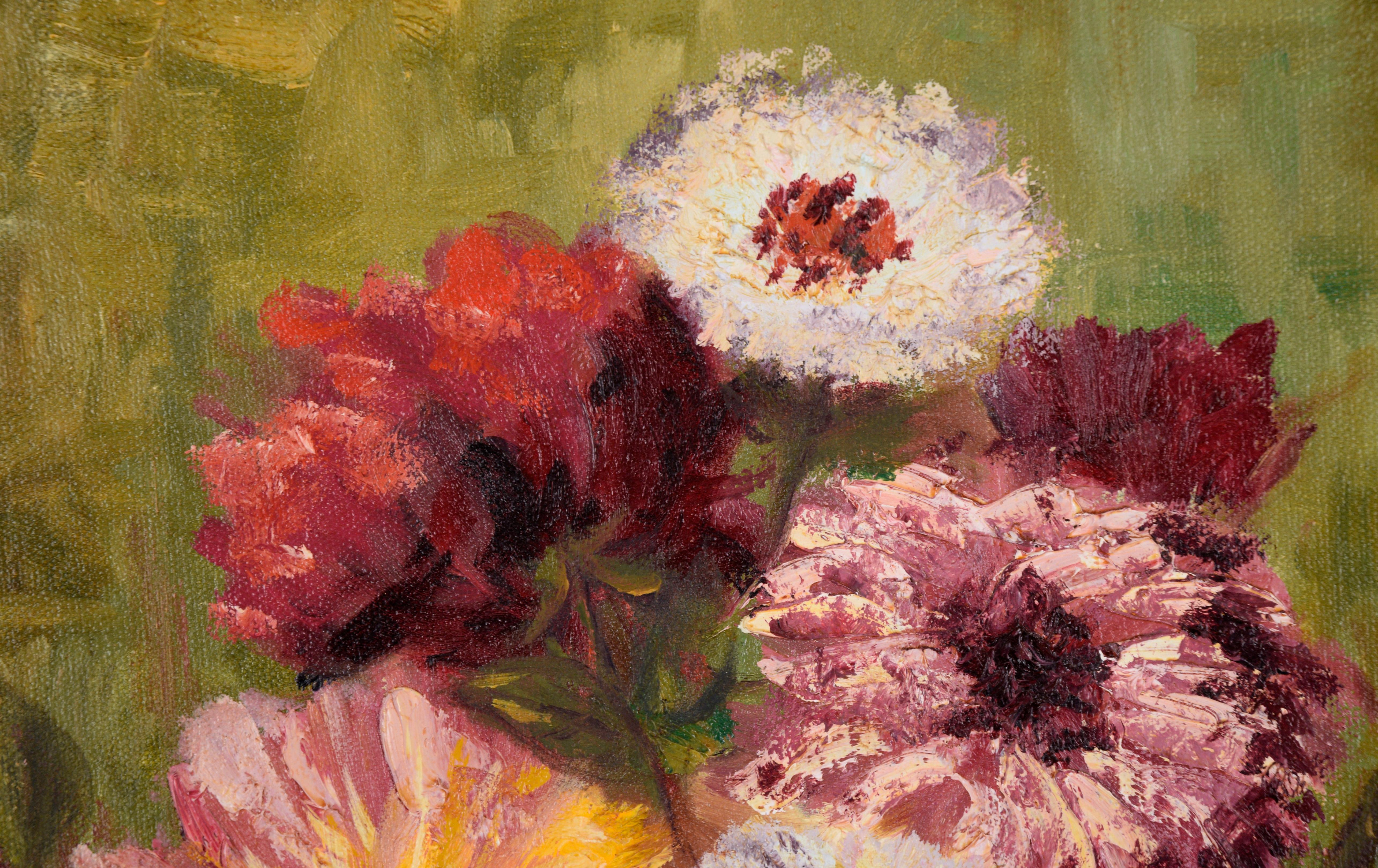 Nature morte florale avec zinnias et roses - Huile sur toile - Painting de Unknown