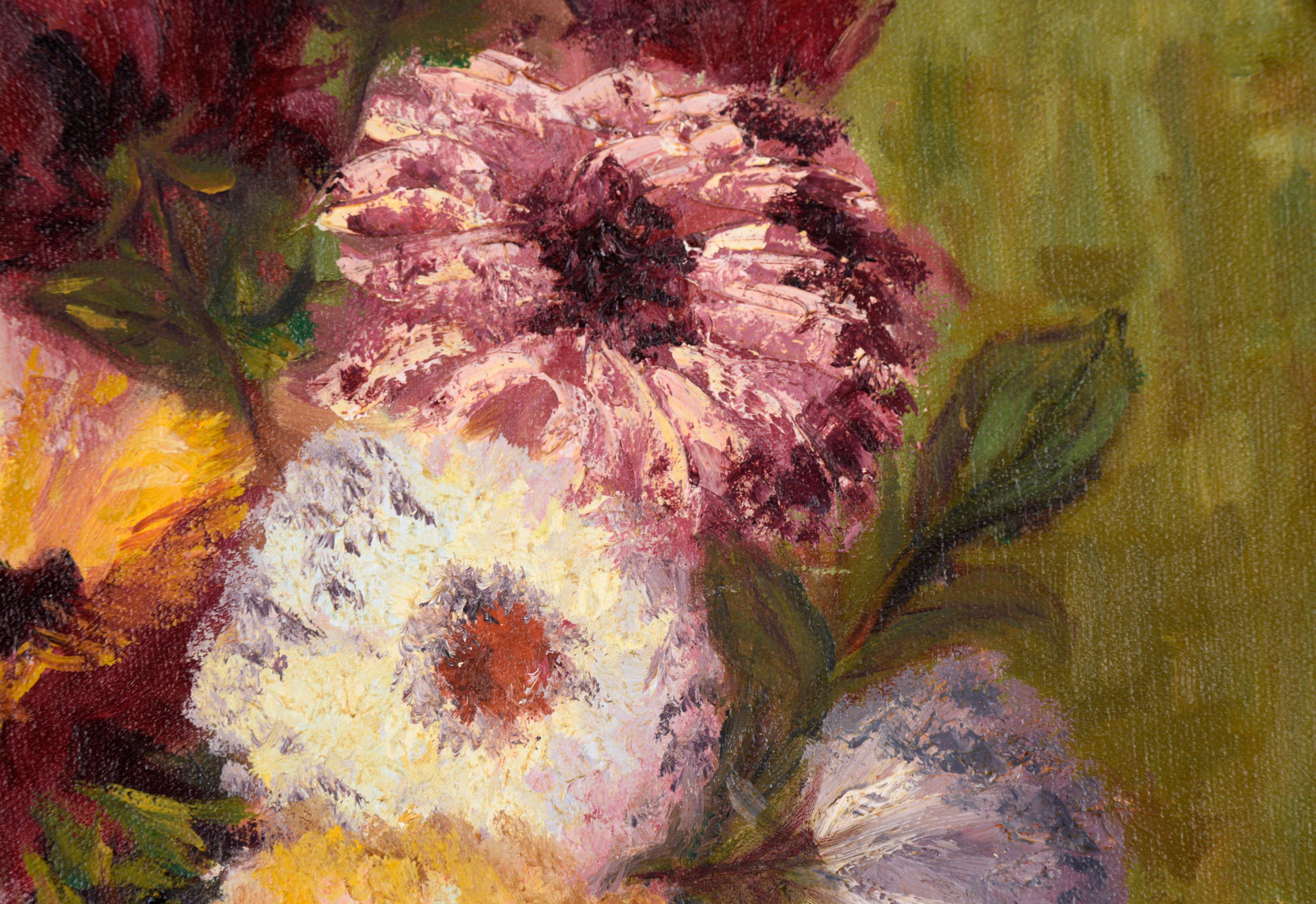 Nature morte florale avec zinnias et roses - Huile sur toile - Impressionnisme Painting par Unknown