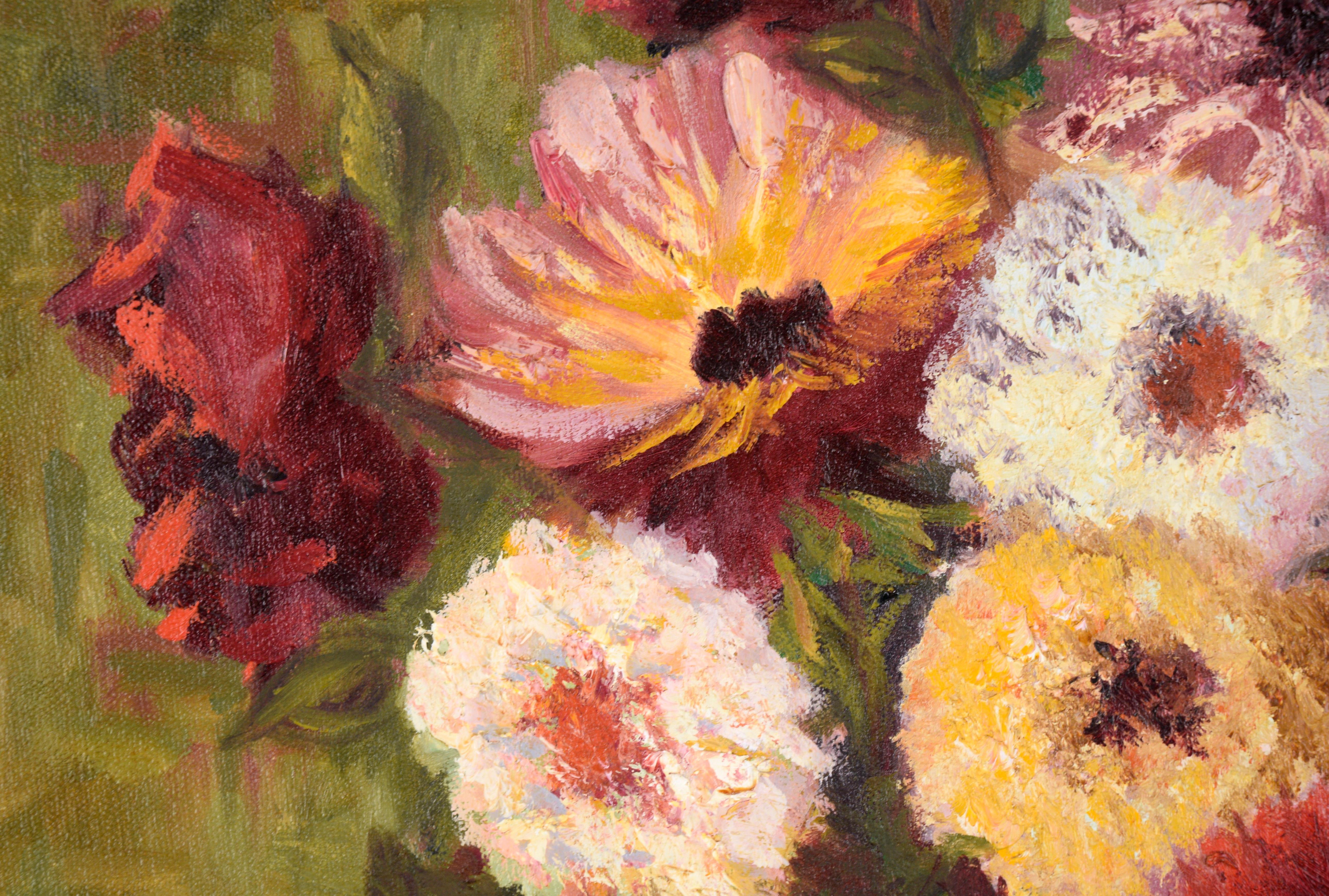 Floral Still Life with Zinnias and Roses - Oil on Canvas

Bright still life in a classic style by an unknown artist (20th Century). Red, pink, white, and yellow flowers sit in a brown vase. The flowers are subtly textured, adding depth to the piece.
