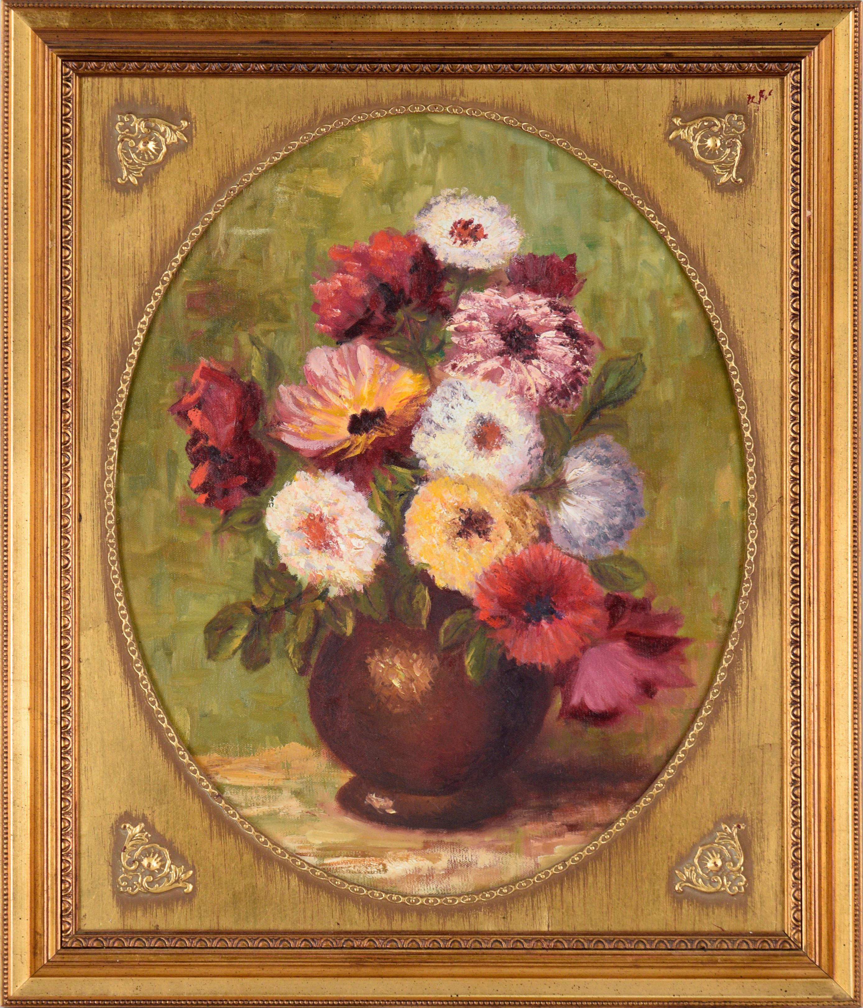 Unknown - Floral Still Life with Zinnias and Roses - Oil on Canvas For Sale  at 1stDibs