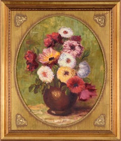 Vintage Floral Still Life with Zinnias and Roses - Oil on Canvas