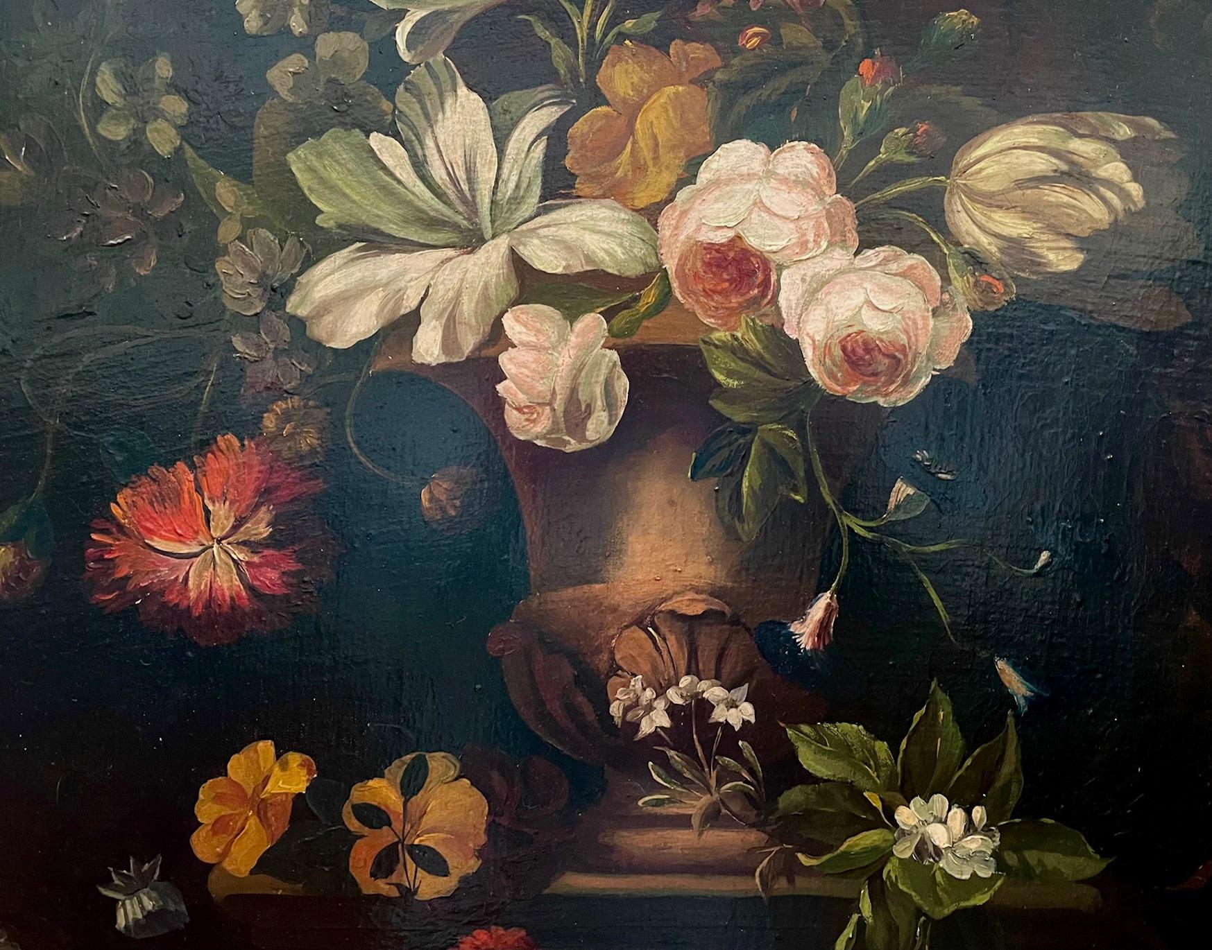  Floral with Urn is in a classical Dutch style that dates to the 17th century. The bright flowers drape the urn in whites, crimsons and pinks, standing out against the darker foliage and flowers on a dark background. 

The artist is unknown and the