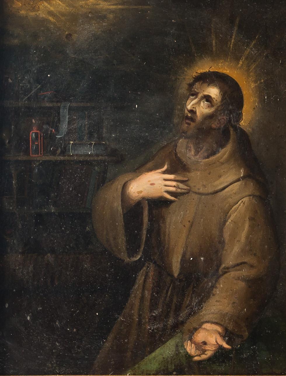 17th century Italian figurative painting St. Francis, Figure oil on copper Italy - Painting by Unknown