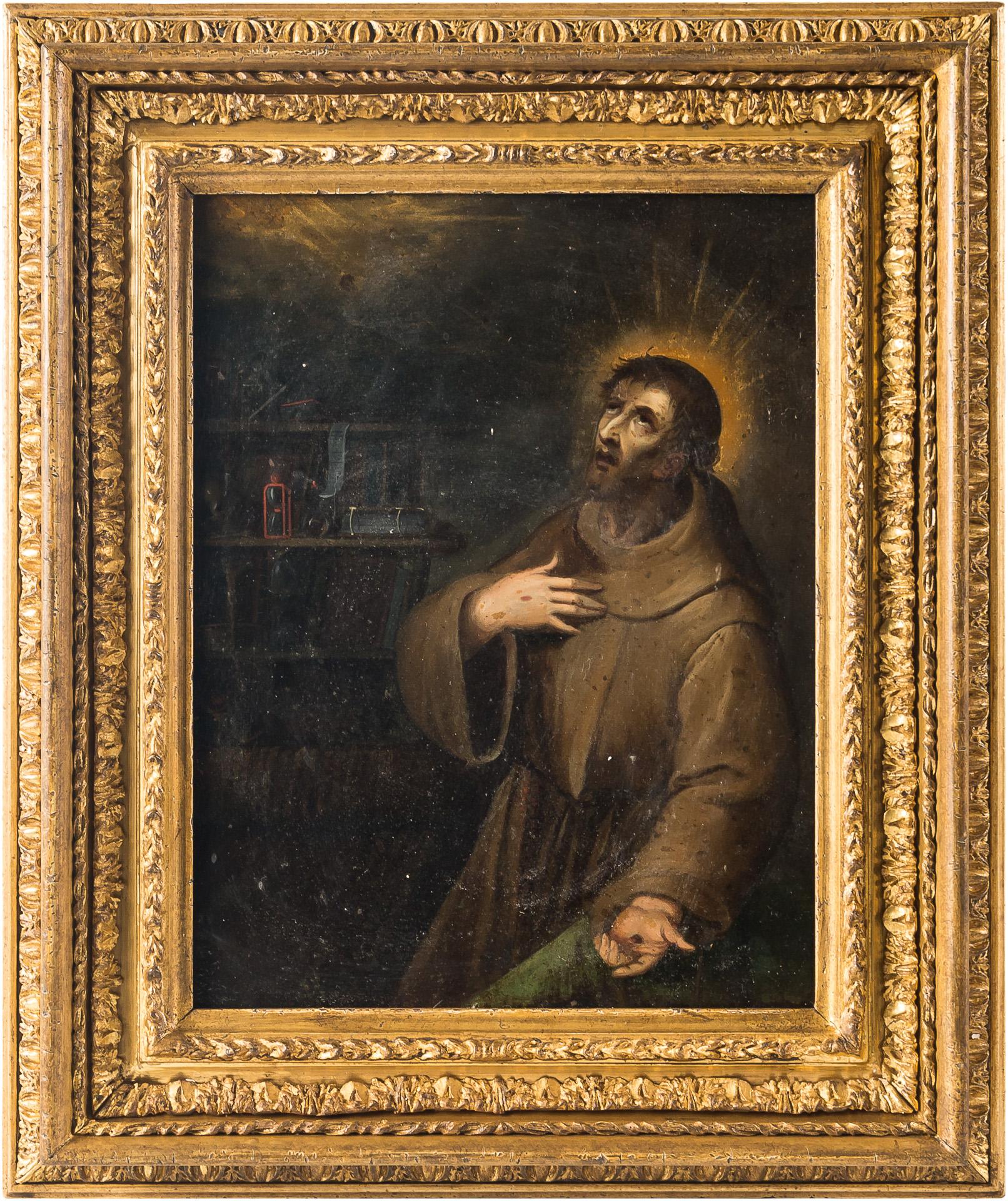 Unknown Interior Painting - 17th century Italian figurative painting St. Francis, Figure oil on copper Italy