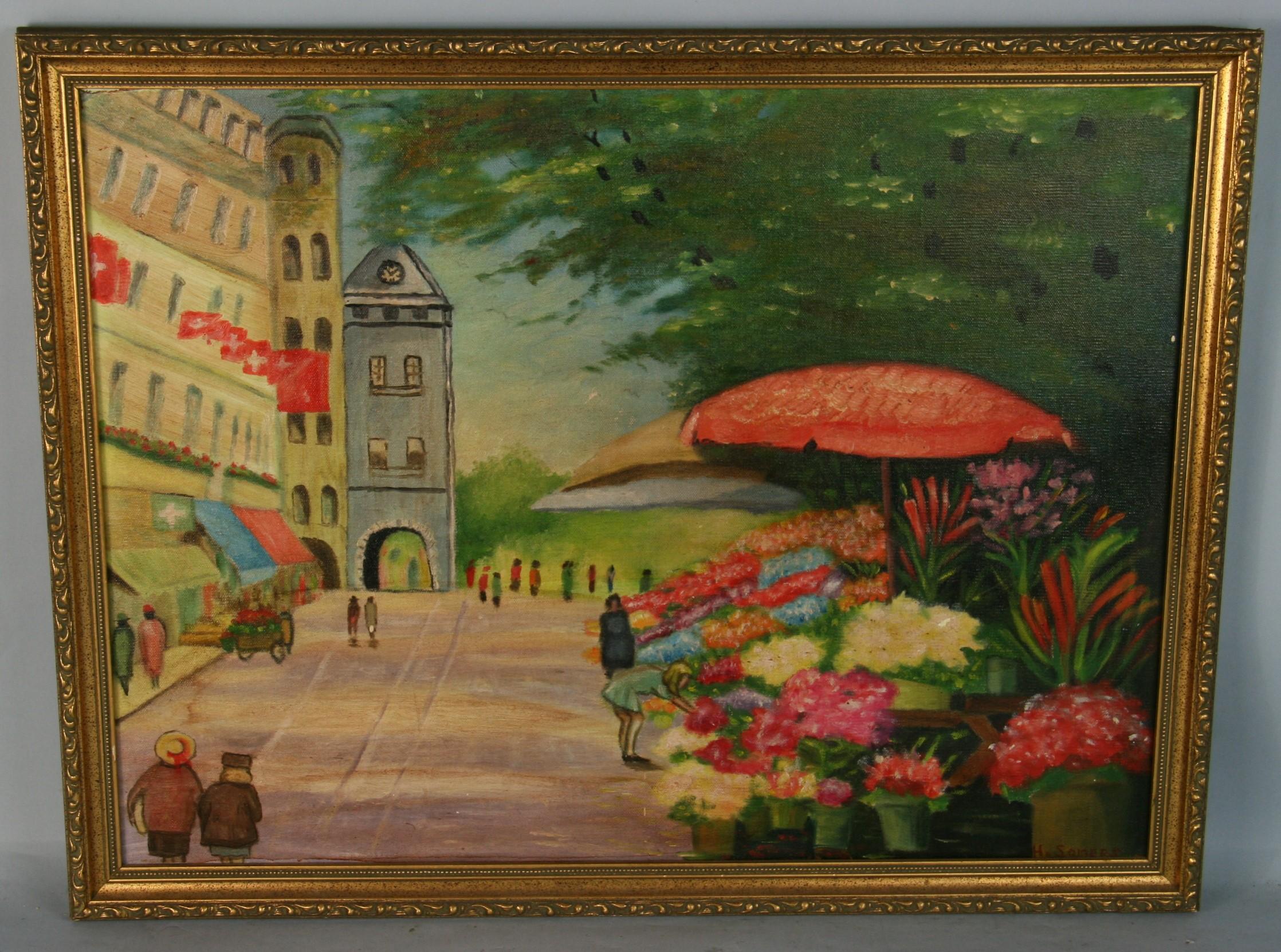 Impressionist City Scape Flower Market in Switzerland - Painting by Unknown