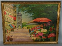 Vintage Impressionist City Scape Flower Market in Switzerland