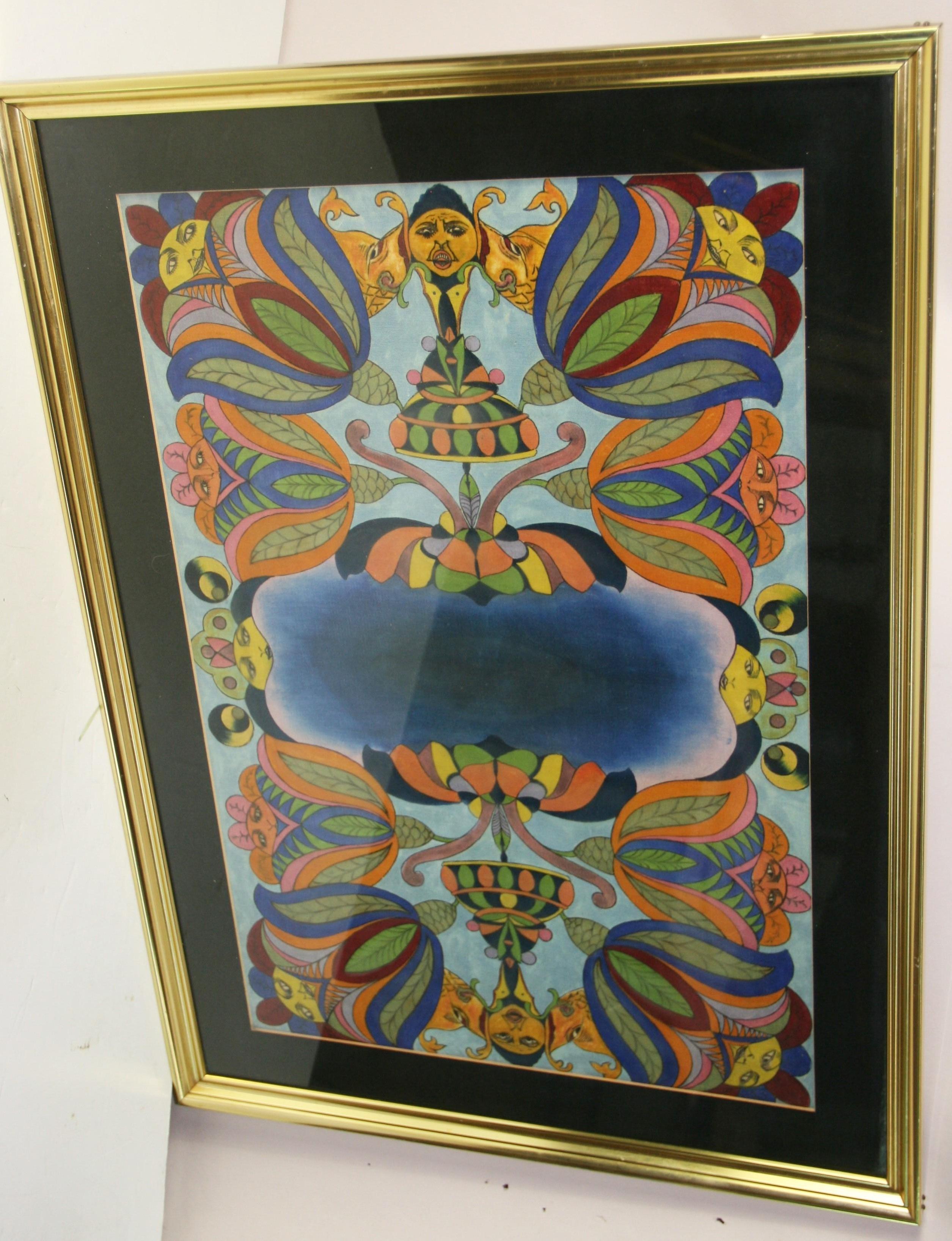 Unknown Figurative Painting - Flower People Figurative Expressionist Gouache Painting, Framed, 1960s
