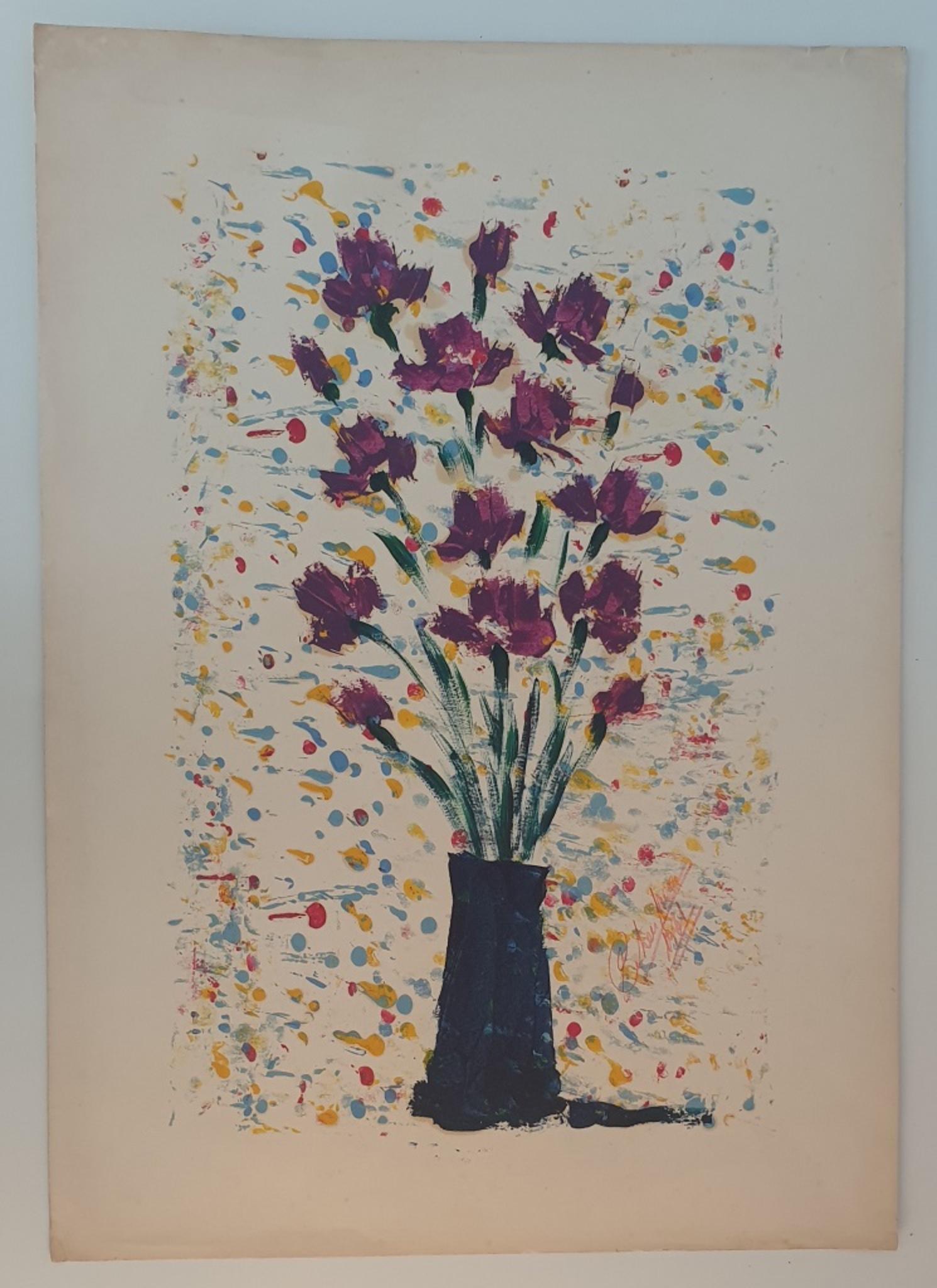 Still-Life Painting Unknown - Pot de fleurs -  Peinture à l'huile - 1961